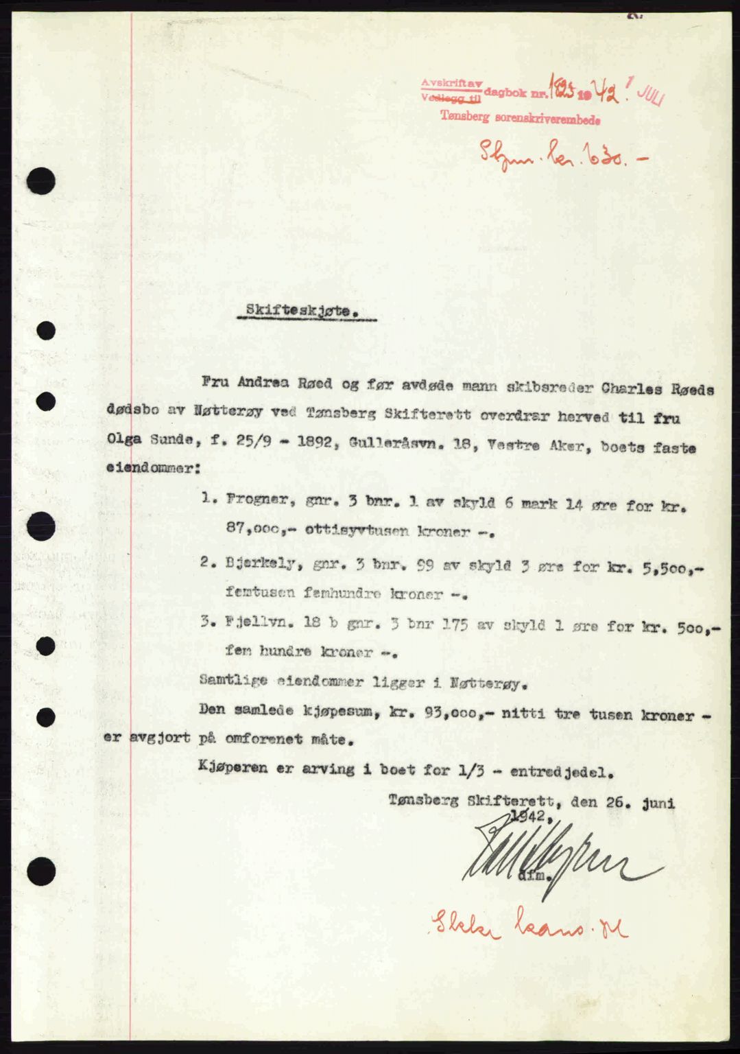 Tønsberg sorenskriveri, AV/SAKO-A-130/G/Ga/Gaa/L0011: Mortgage book no. A11, 1941-1942, Diary no: : 1823/1942