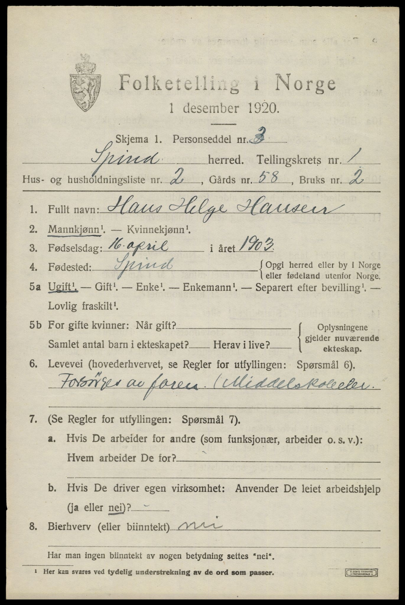 SAK, 1920 census for Spind, 1920, p. 585