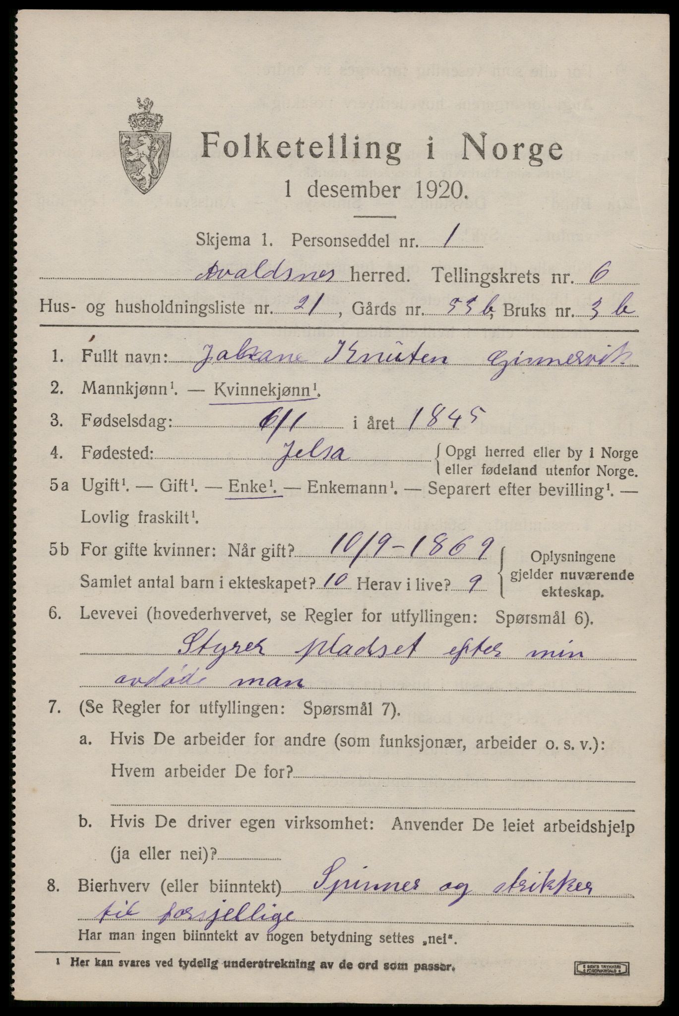 SAST, 1920 census for Avaldsnes, 1920, p. 5873