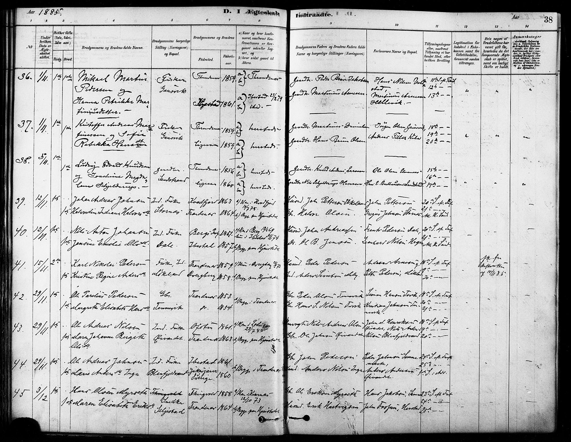 Trondenes sokneprestkontor, SATØ/S-1319/H/Ha/L0015kirke: Parish register (official) no. 15, 1878-1889, p. 38