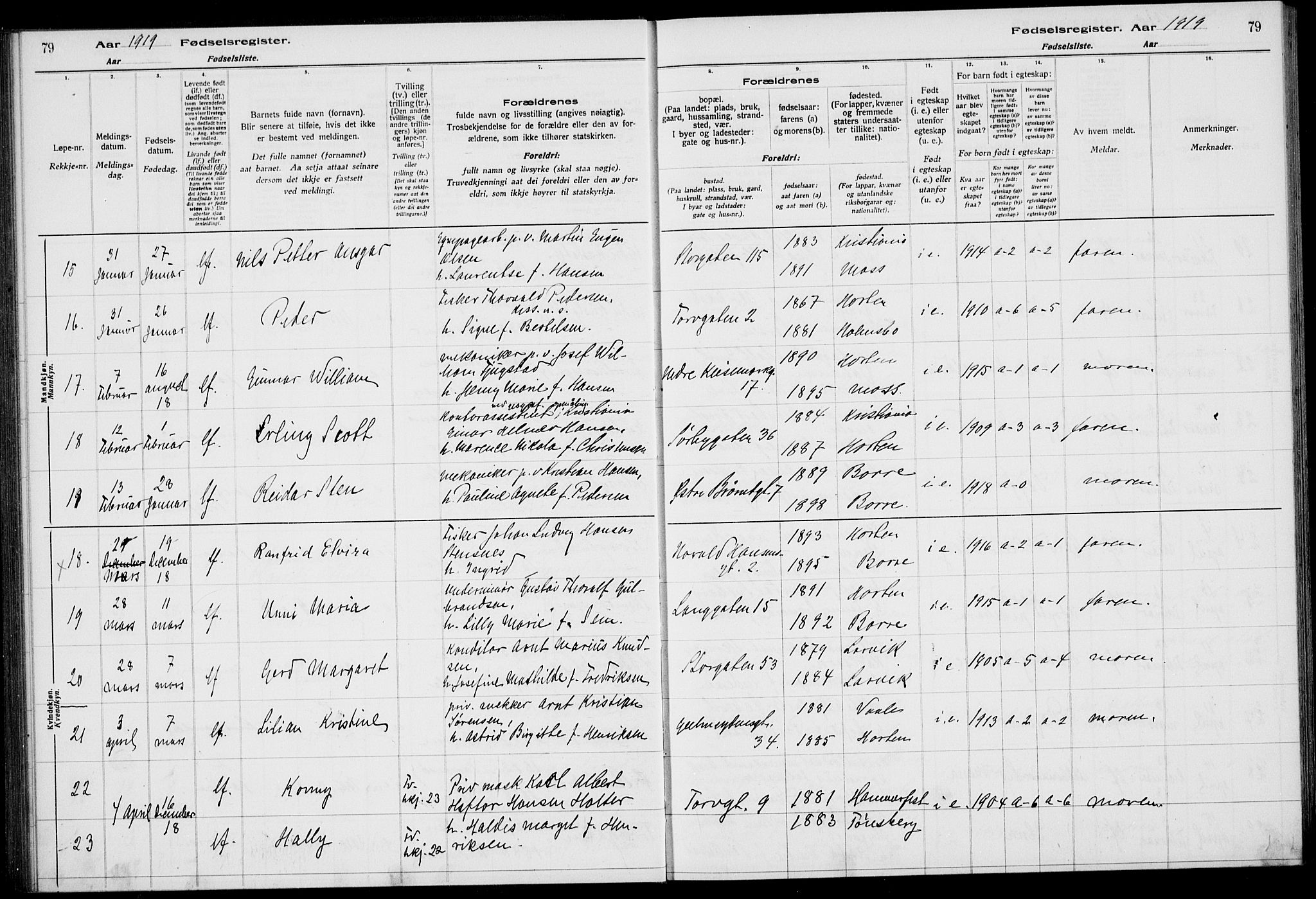 Horten kirkebøker, AV/SAKO-A-348/J/Ja/L0001: Birth register no. 1, 1916-1923, p. 79