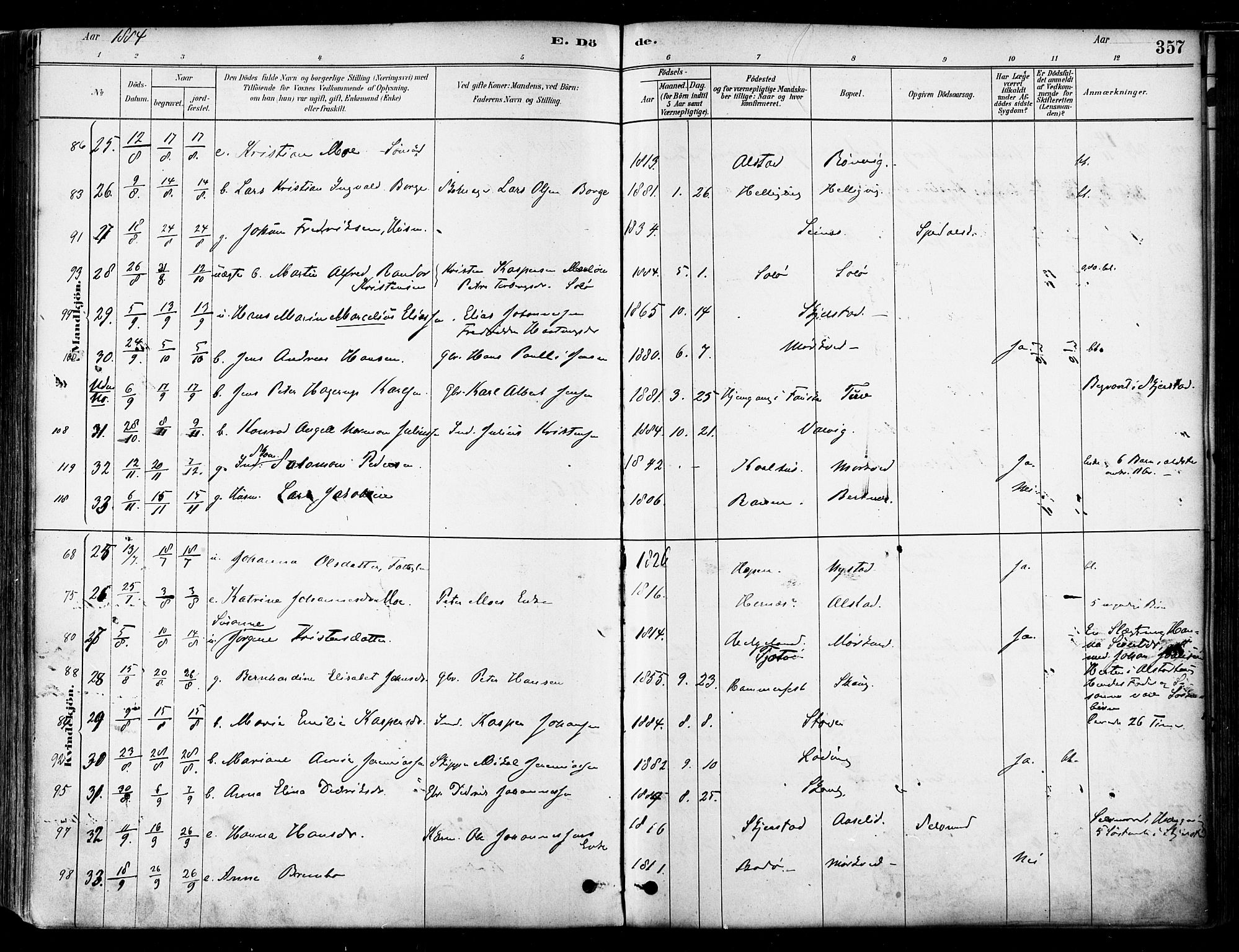 Ministerialprotokoller, klokkerbøker og fødselsregistre - Nordland, SAT/A-1459/802/L0054: Parish register (official) no. 802A01, 1879-1893, p. 357