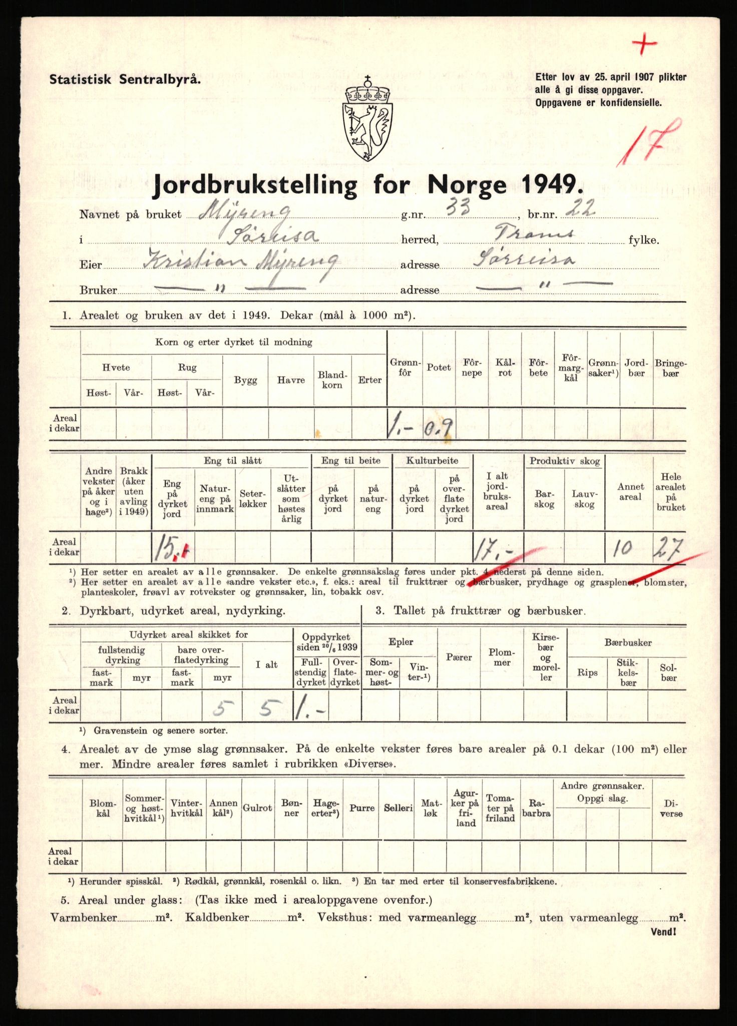 Statistisk sentralbyrå, Næringsøkonomiske emner, Jordbruk, skogbruk, jakt, fiske og fangst, AV/RA-S-2234/G/Gc/L0440: Troms: Sørreisa og Dyrøy, 1949, p. 287