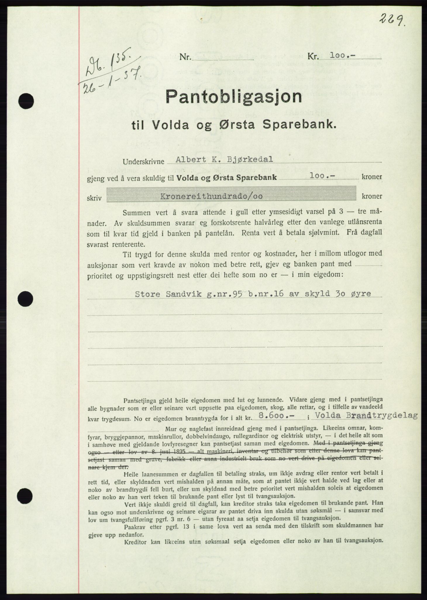 Søre Sunnmøre sorenskriveri, AV/SAT-A-4122/1/2/2C/L0062: Mortgage book no. 56, 1936-1937, Diary no: : 135/1937