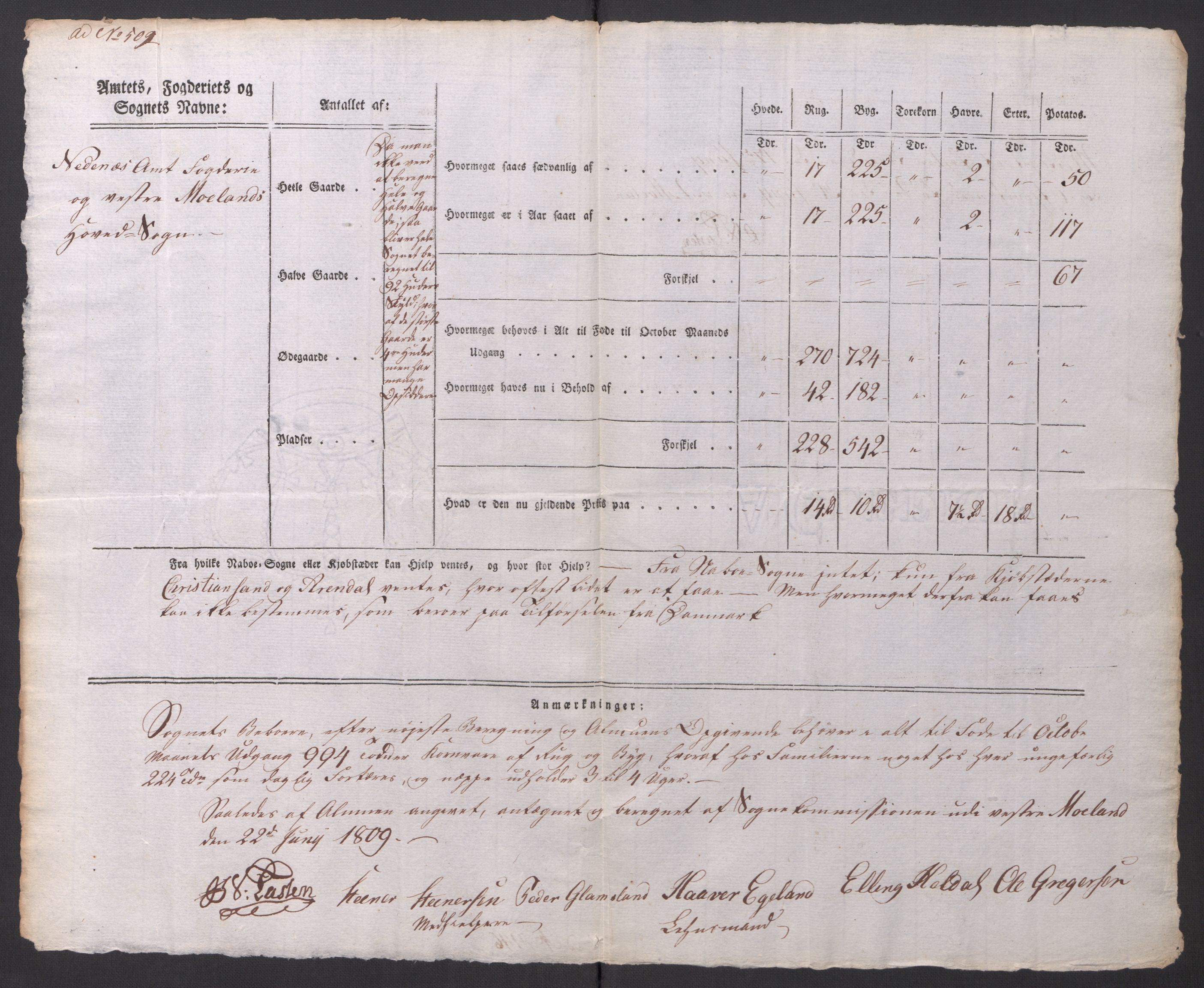 Regjeringskommisjonen 1807-1810, 1. kontor/byrå, AV/RA-EA-2871/Dd/L0014: Kornavl: De utfyldte skjemaer fra sognekommisjonene i Kristiania og Kristiansand stift, 1809, p. 308