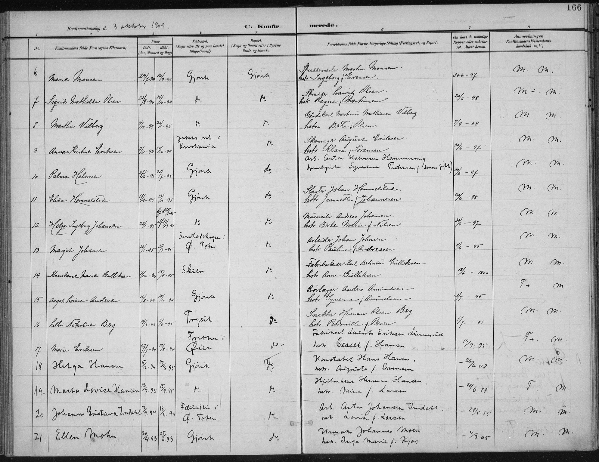 Vardal prestekontor, SAH/PREST-100/H/Ha/Haa/L0013: Parish register (official) no. 13, 1901-1911, p. 166