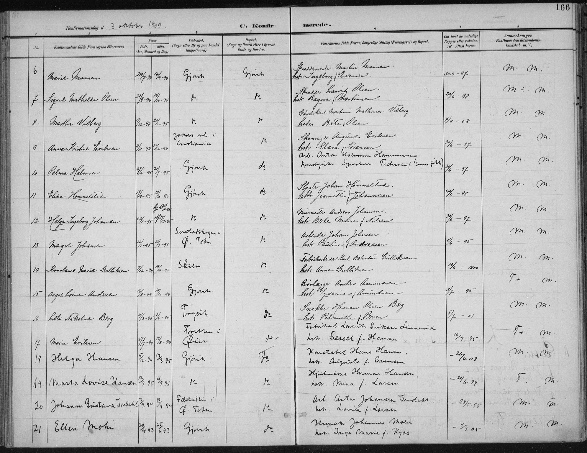 Vardal prestekontor, AV/SAH-PREST-100/H/Ha/Haa/L0013: Parish register (official) no. 13, 1901-1911, p. 166