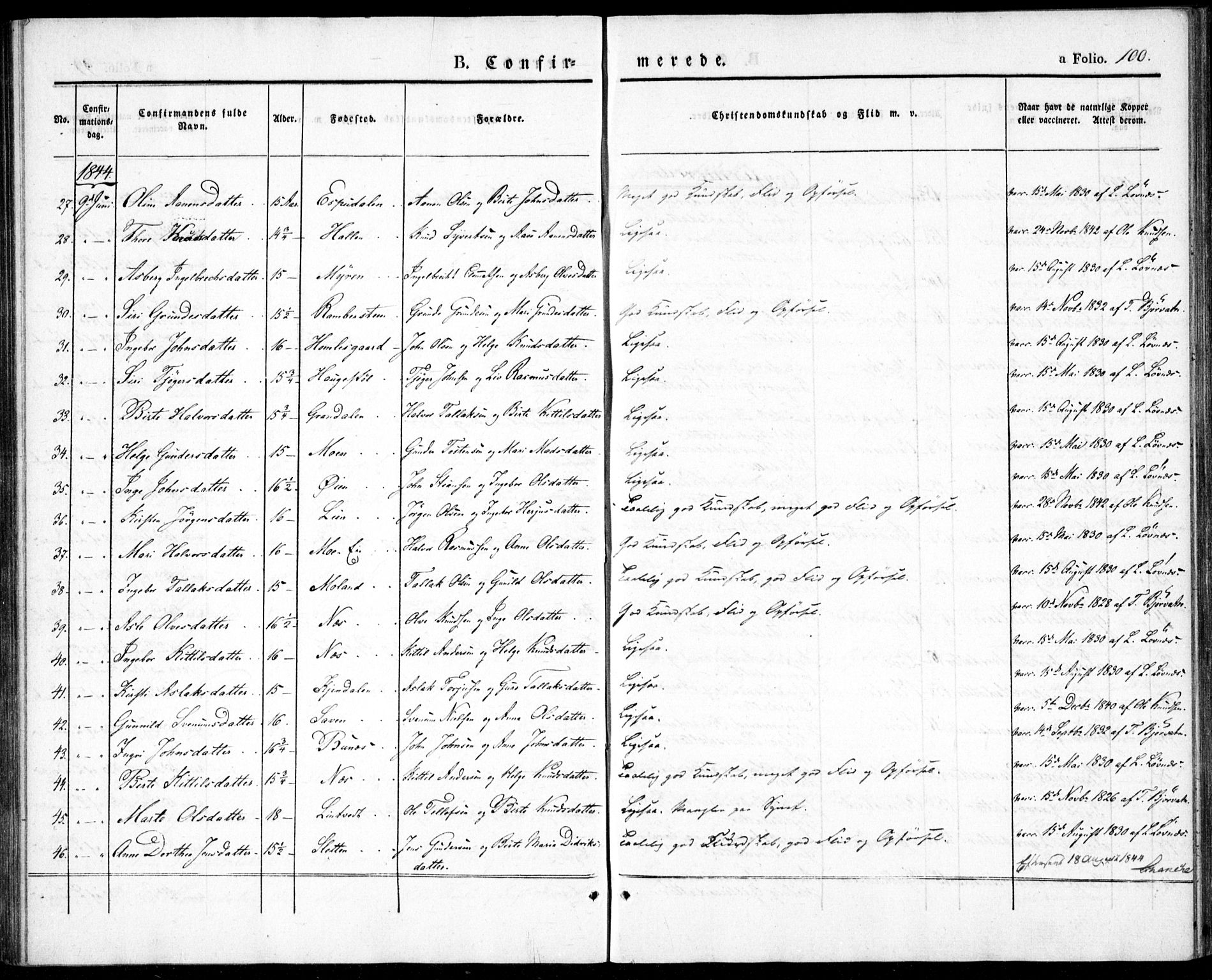 Gjerstad sokneprestkontor, SAK/1111-0014/F/Fa/Fab/L0002: Parish register (official) no. A 2, 1835-1852, p. 100