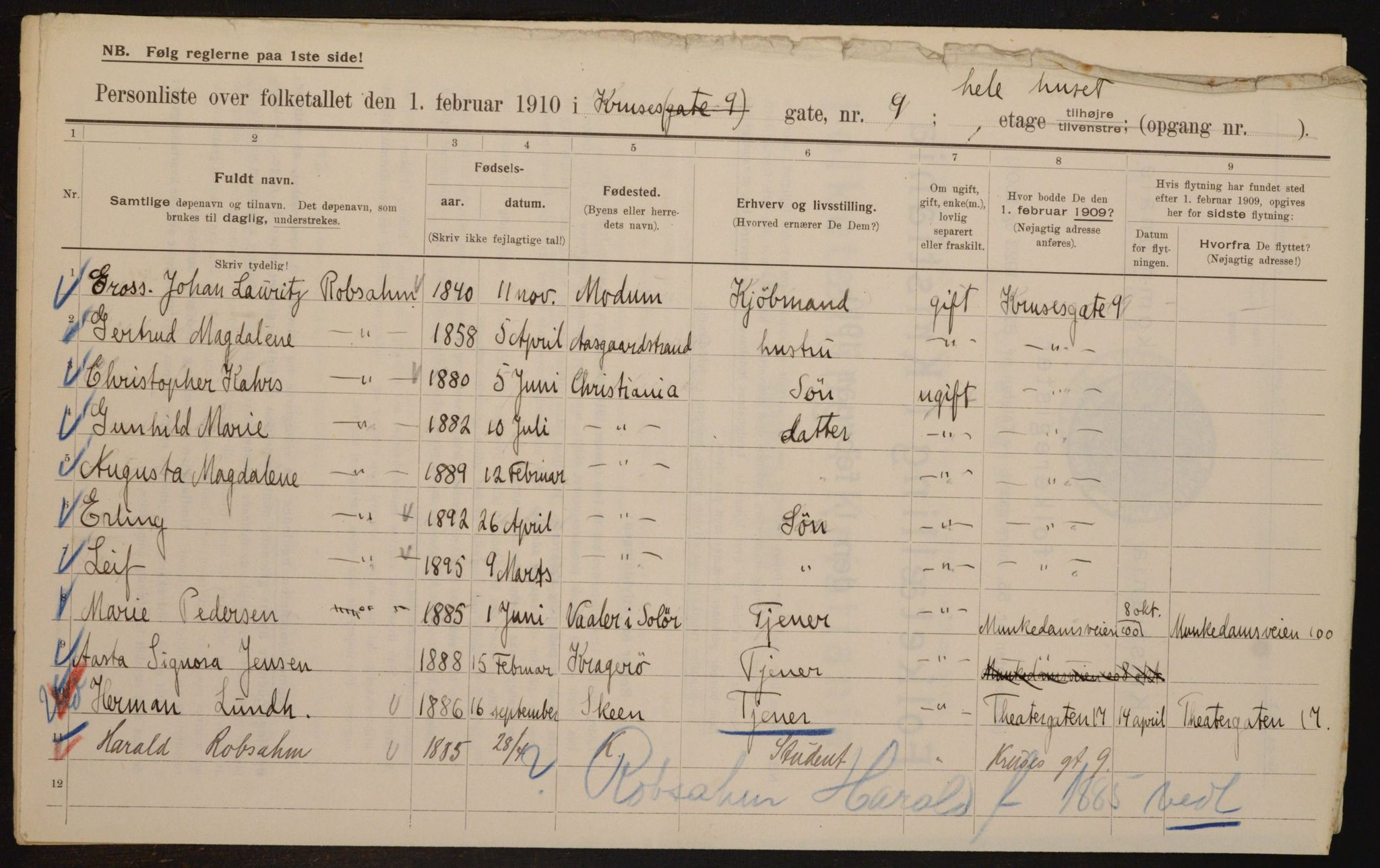 OBA, Municipal Census 1910 for Kristiania, 1910, p. 53355