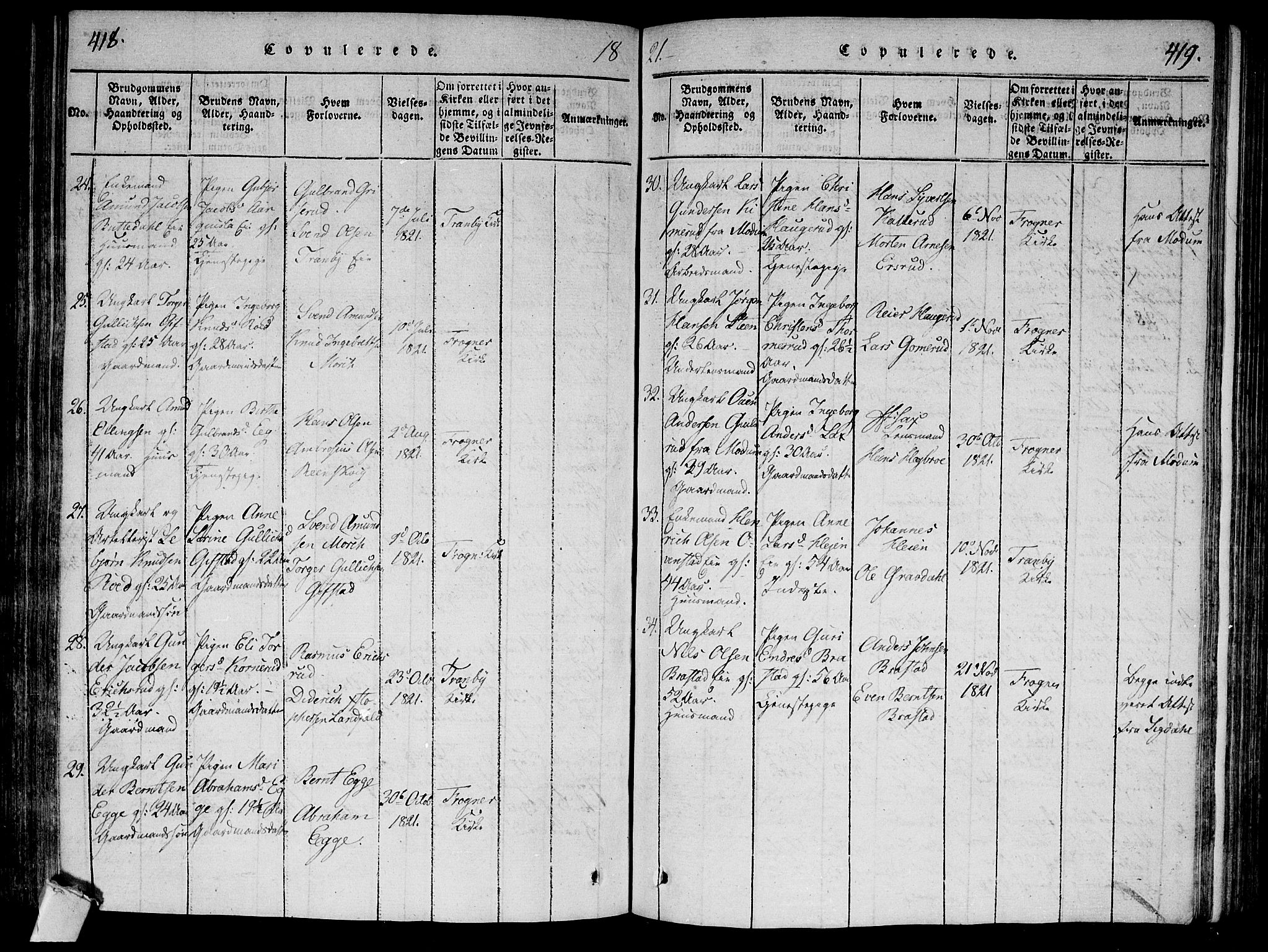 Lier kirkebøker, AV/SAKO-A-230/F/Fa/L0008: Parish register (official) no. I 8, 1813-1825, p. 418-419