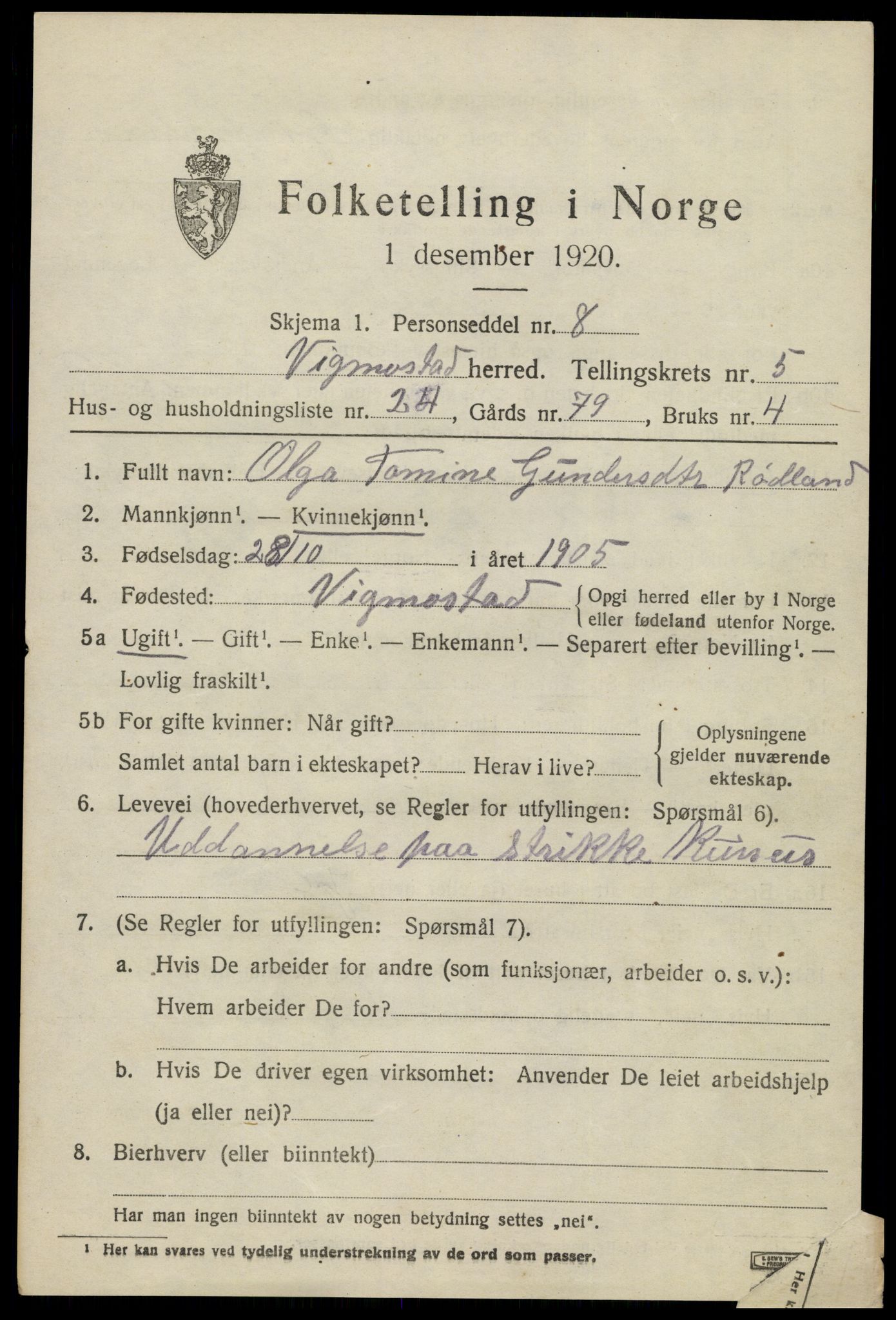 SAK, 1920 census for Vigmostad, 1920, p. 1913