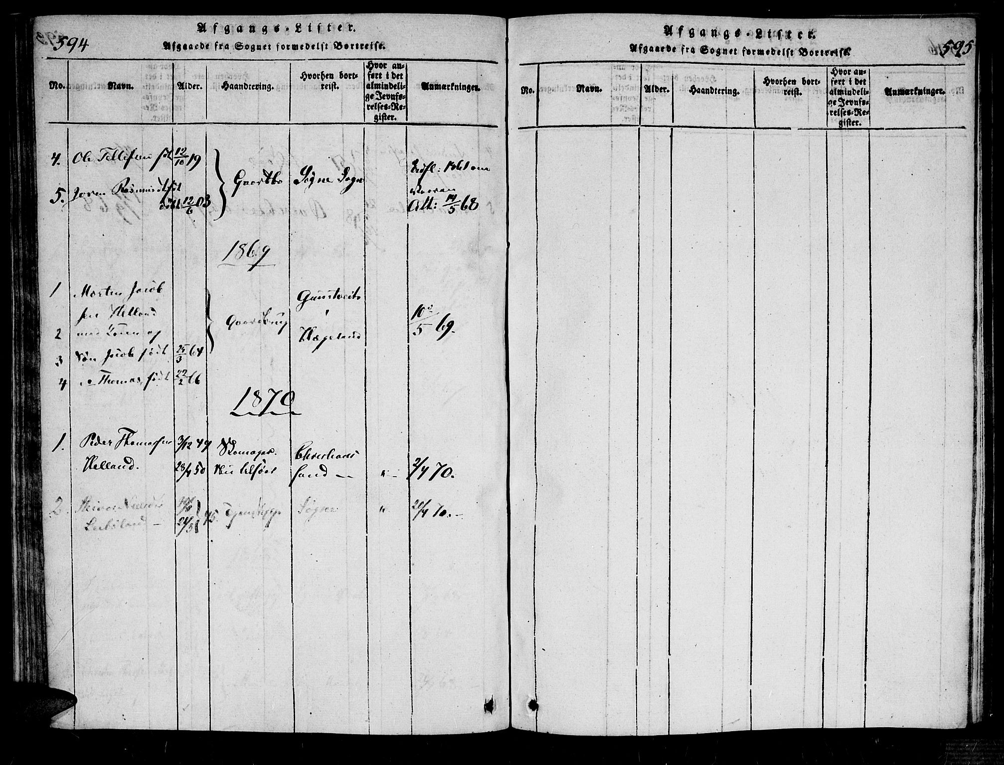 Bjelland sokneprestkontor, AV/SAK-1111-0005/F/Fa/Fab/L0002: Parish register (official) no. A 2, 1816-1869, p. 594-595