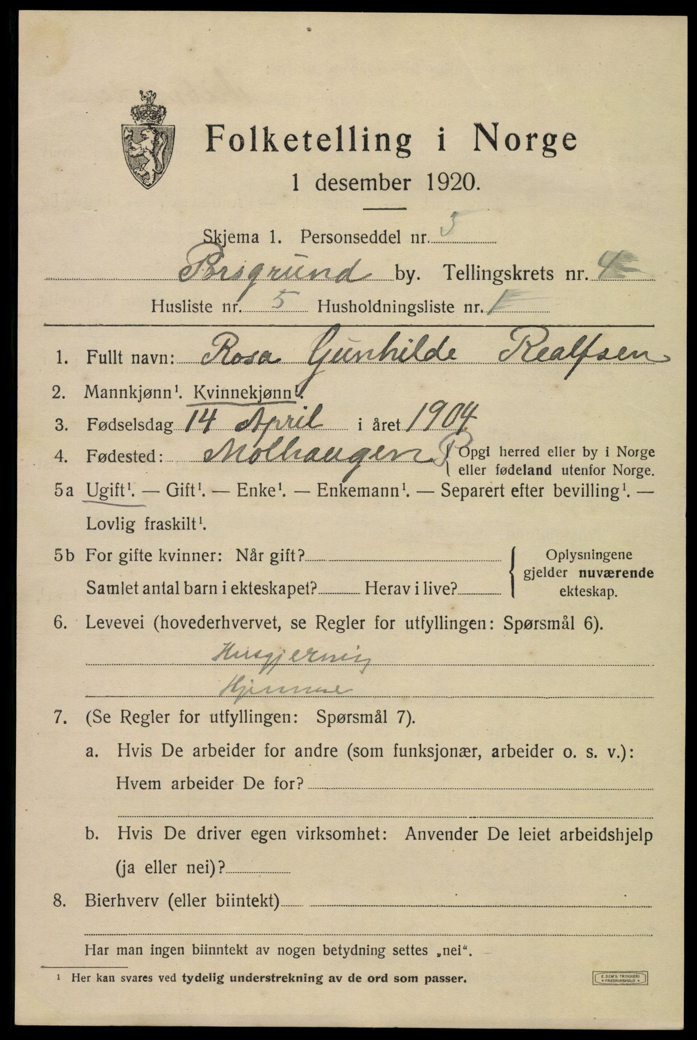 SAKO, 1920 census for Porsgrunn, 1920, p. 18917