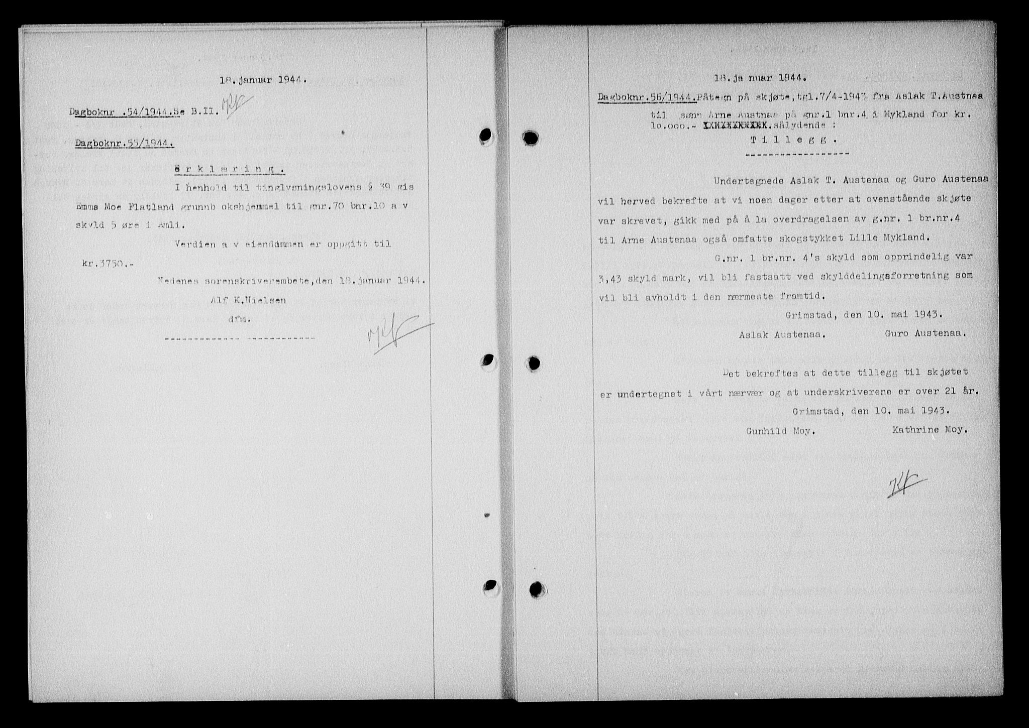 Nedenes sorenskriveri, SAK/1221-0006/G/Gb/Gba/L0051: Mortgage book no. A-V, 1943-1944, Diary no: : 56/1944