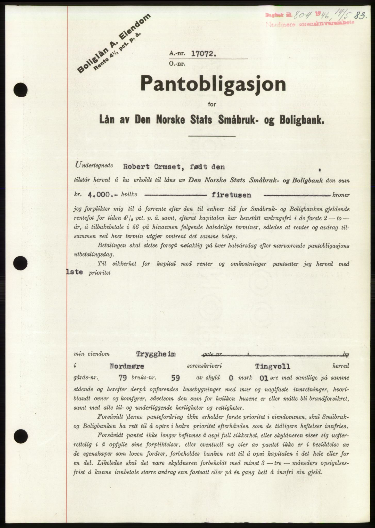 Nordmøre sorenskriveri, AV/SAT-A-4132/1/2/2Ca: Mortgage book no. B94, 1946-1946, Diary no: : 804/1946