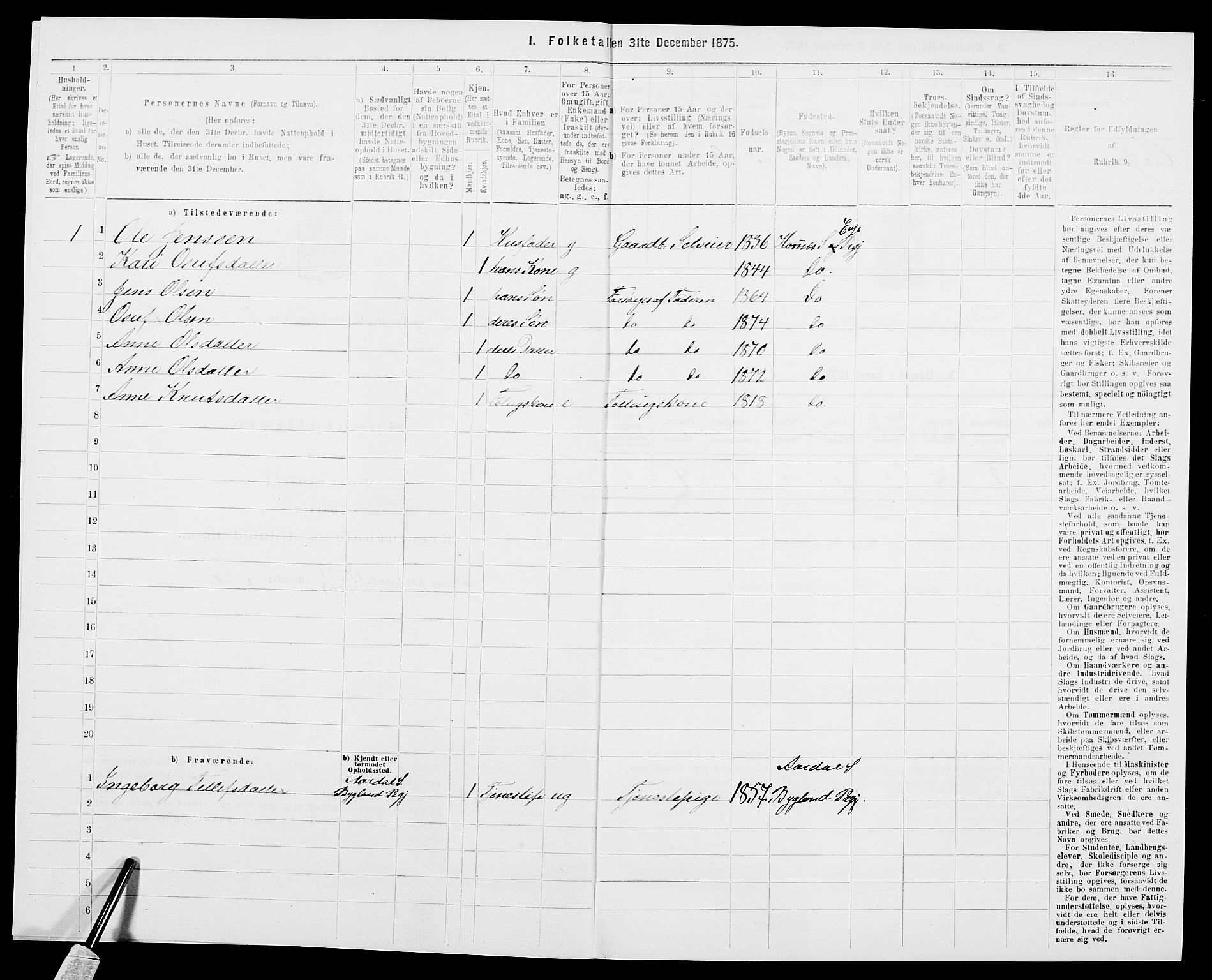 SAK, 1875 census for 0934P Evje, 1875, p. 399