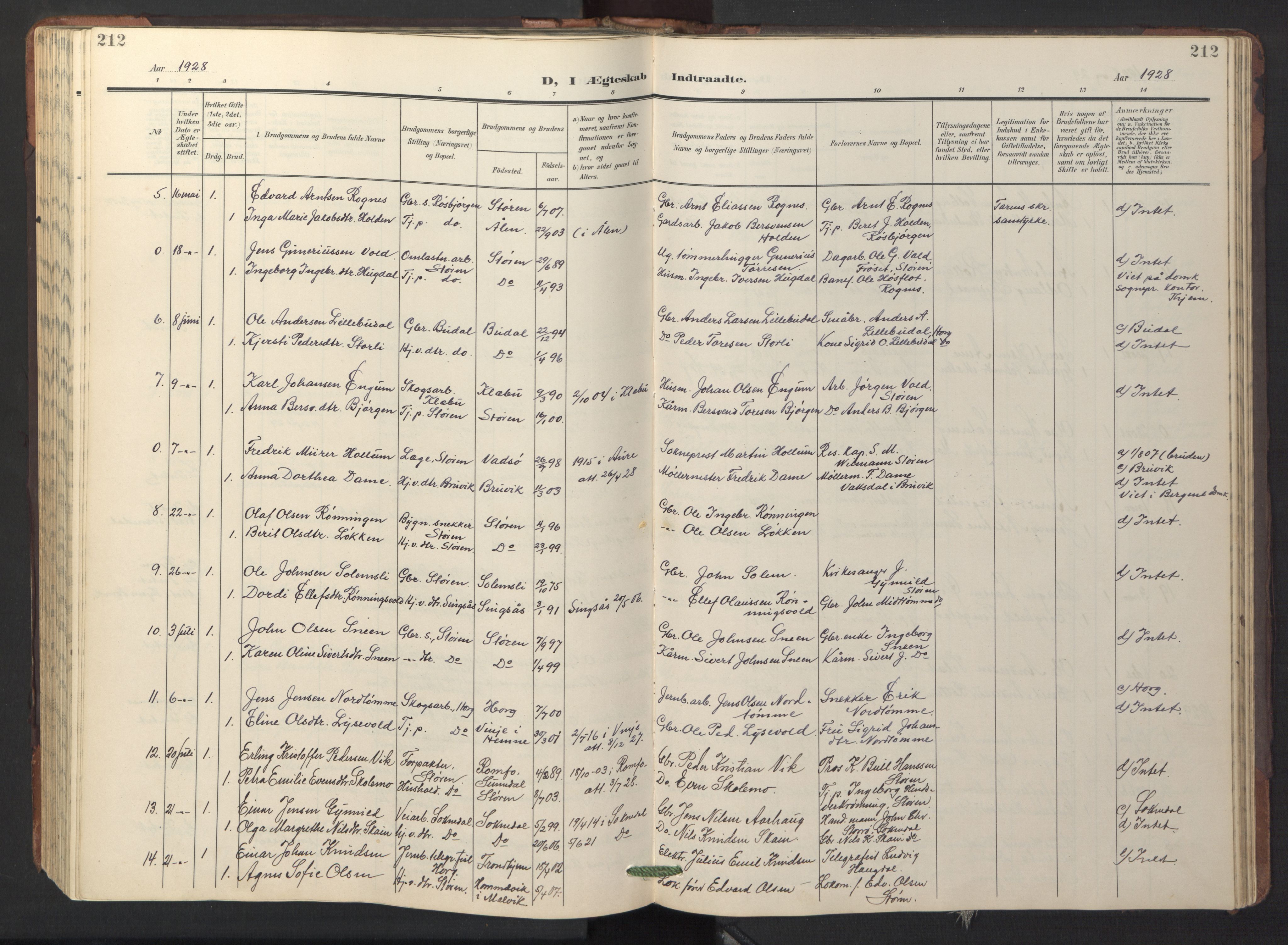 Ministerialprotokoller, klokkerbøker og fødselsregistre - Sør-Trøndelag, SAT/A-1456/687/L1019: Parish register (copy) no. 687C03, 1904-1931, p. 212