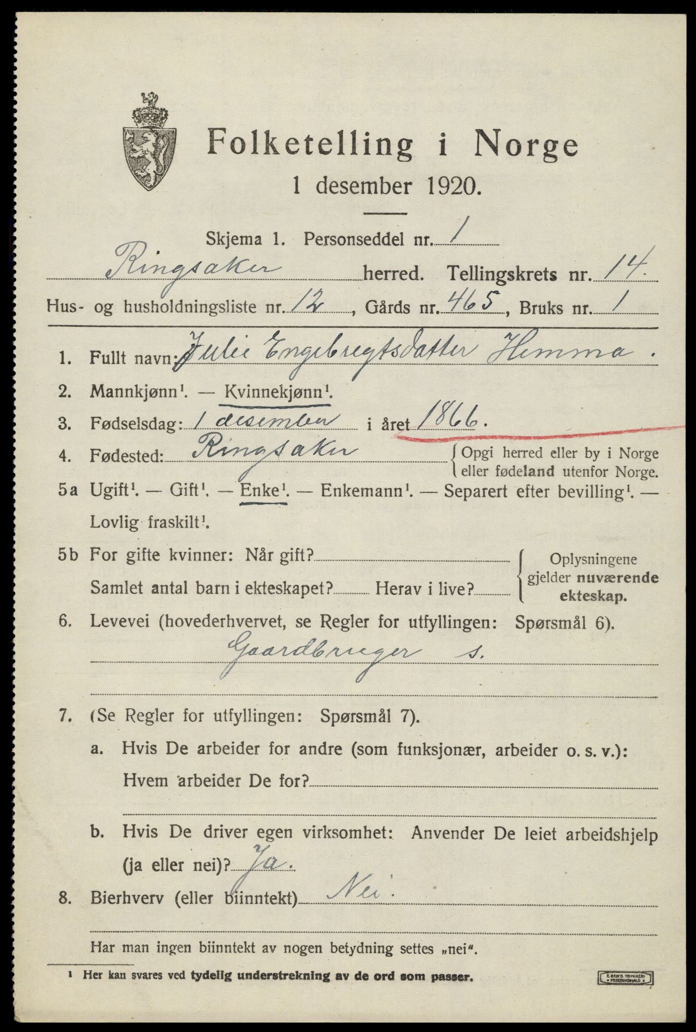 SAH, 1920 census for Ringsaker, 1920, p. 21694