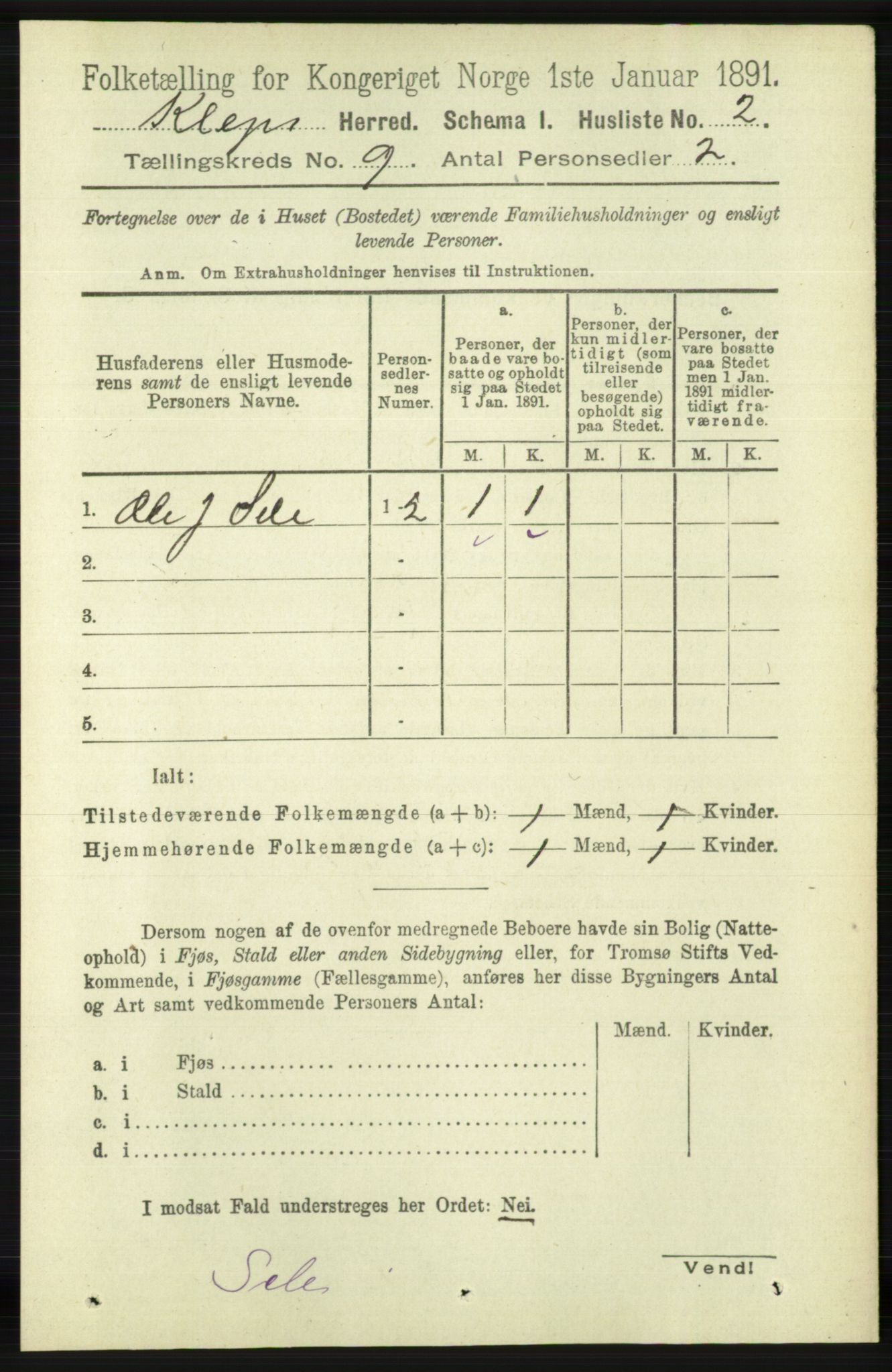 RA, 1891 census for 1120 Klepp, 1891, p. 2710