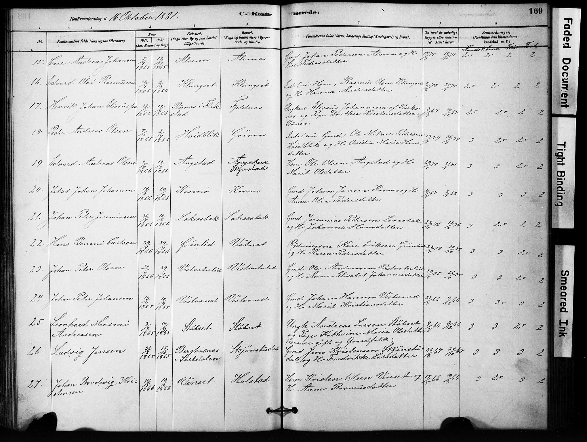 Ministerialprotokoller, klokkerbøker og fødselsregistre - Nordland, AV/SAT-A-1459/852/L0754: Parish register (copy) no. 852C05, 1878-1894, p. 169