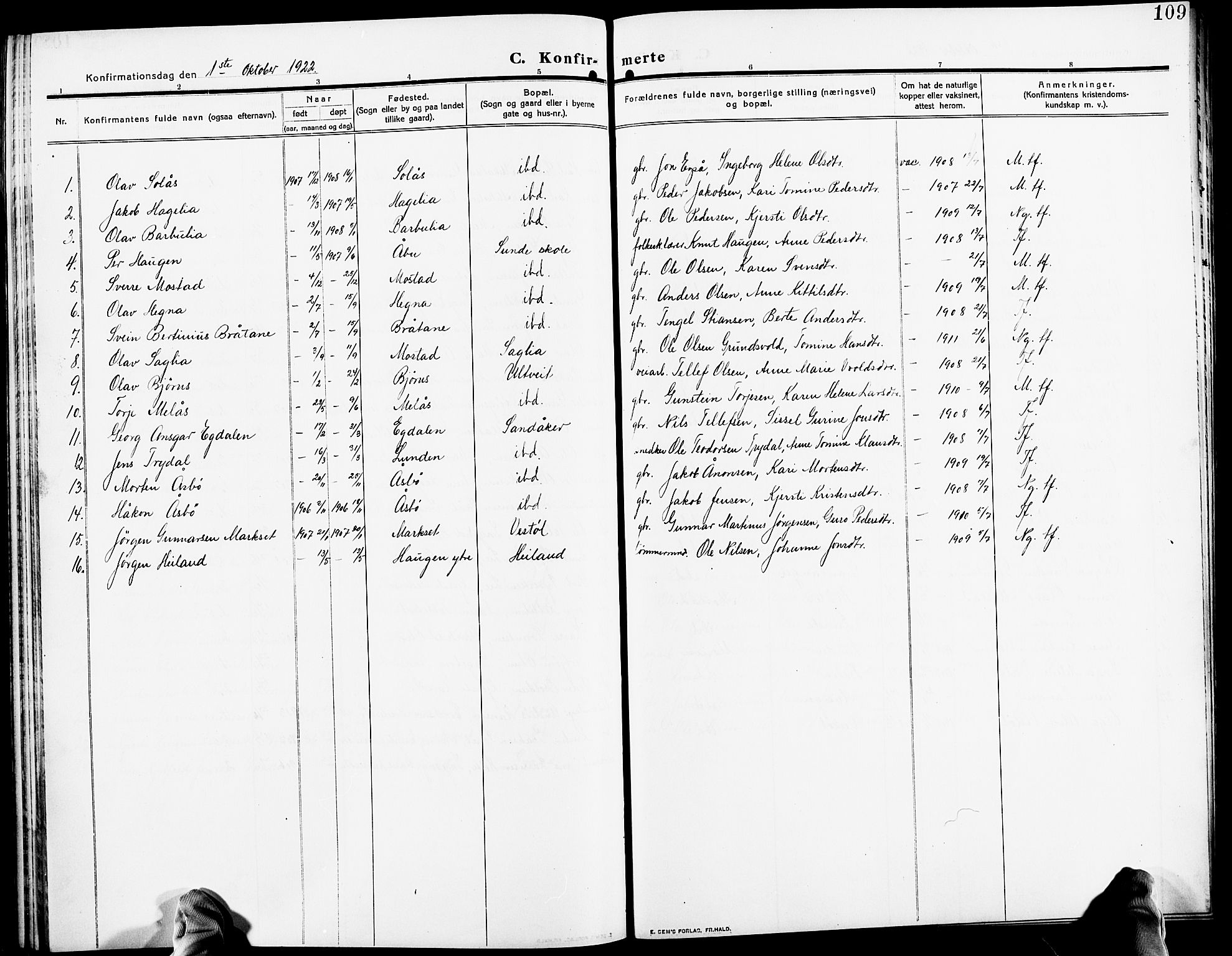 Gjerstad sokneprestkontor, SAK/1111-0014/F/Fb/Fba/L0008: Parish register (copy) no. B 8, 1909-1925, p. 109