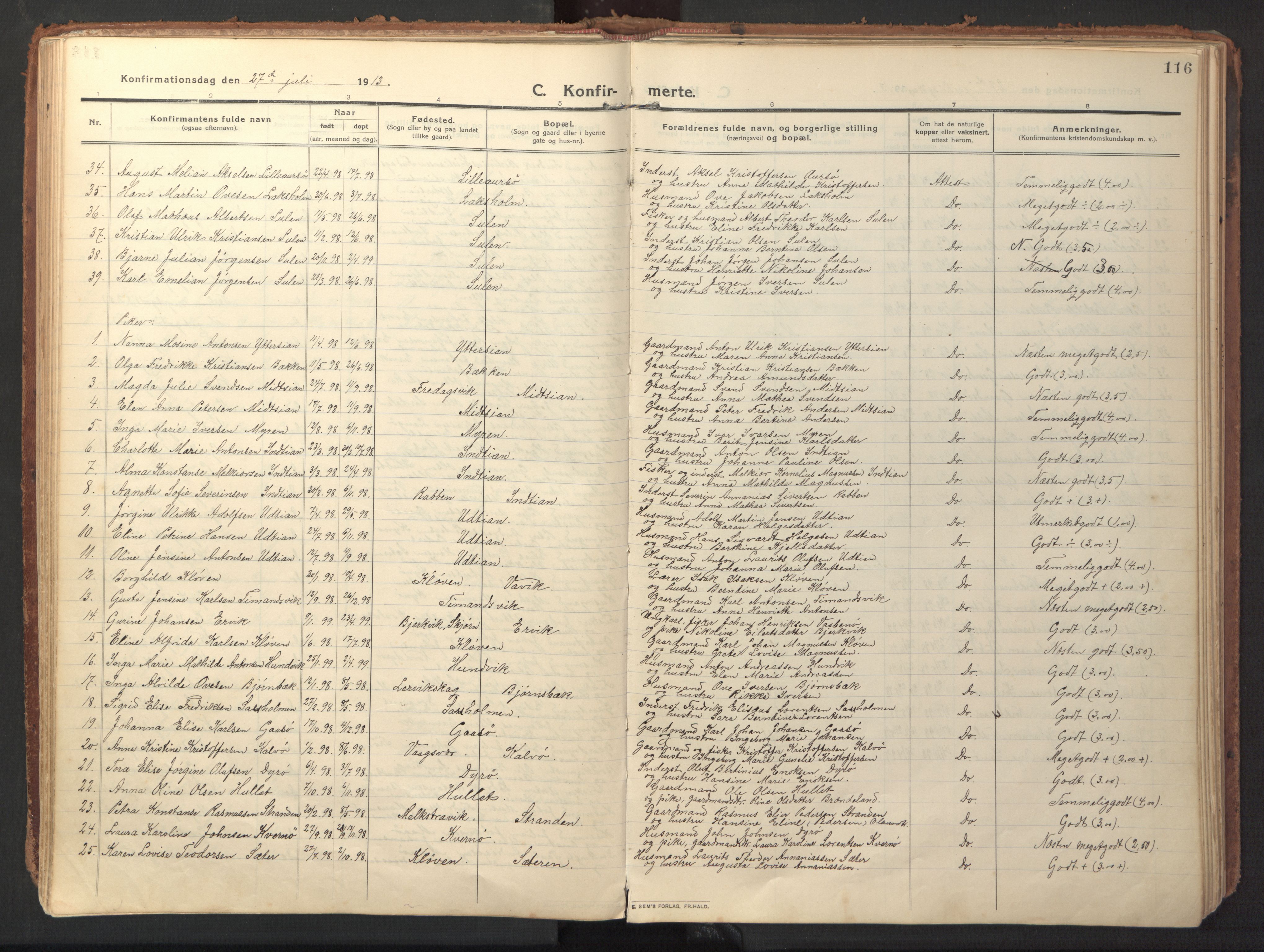 Ministerialprotokoller, klokkerbøker og fødselsregistre - Sør-Trøndelag, SAT/A-1456/640/L0581: Parish register (official) no. 640A06, 1910-1924, p. 116