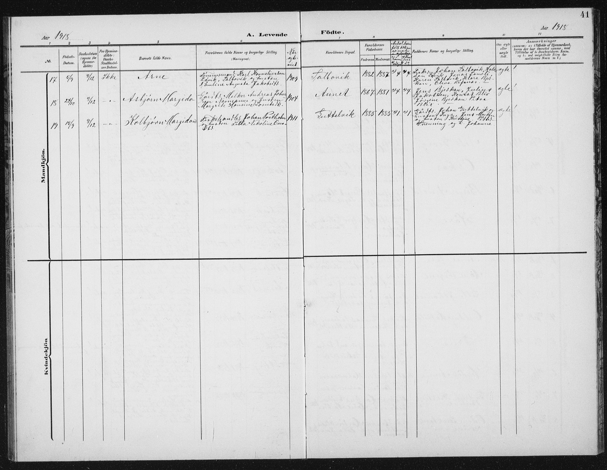 Ministerialprotokoller, klokkerbøker og fødselsregistre - Sør-Trøndelag, SAT/A-1456/656/L0699: Parish register (copy) no. 656C05, 1905-1920, p. 41