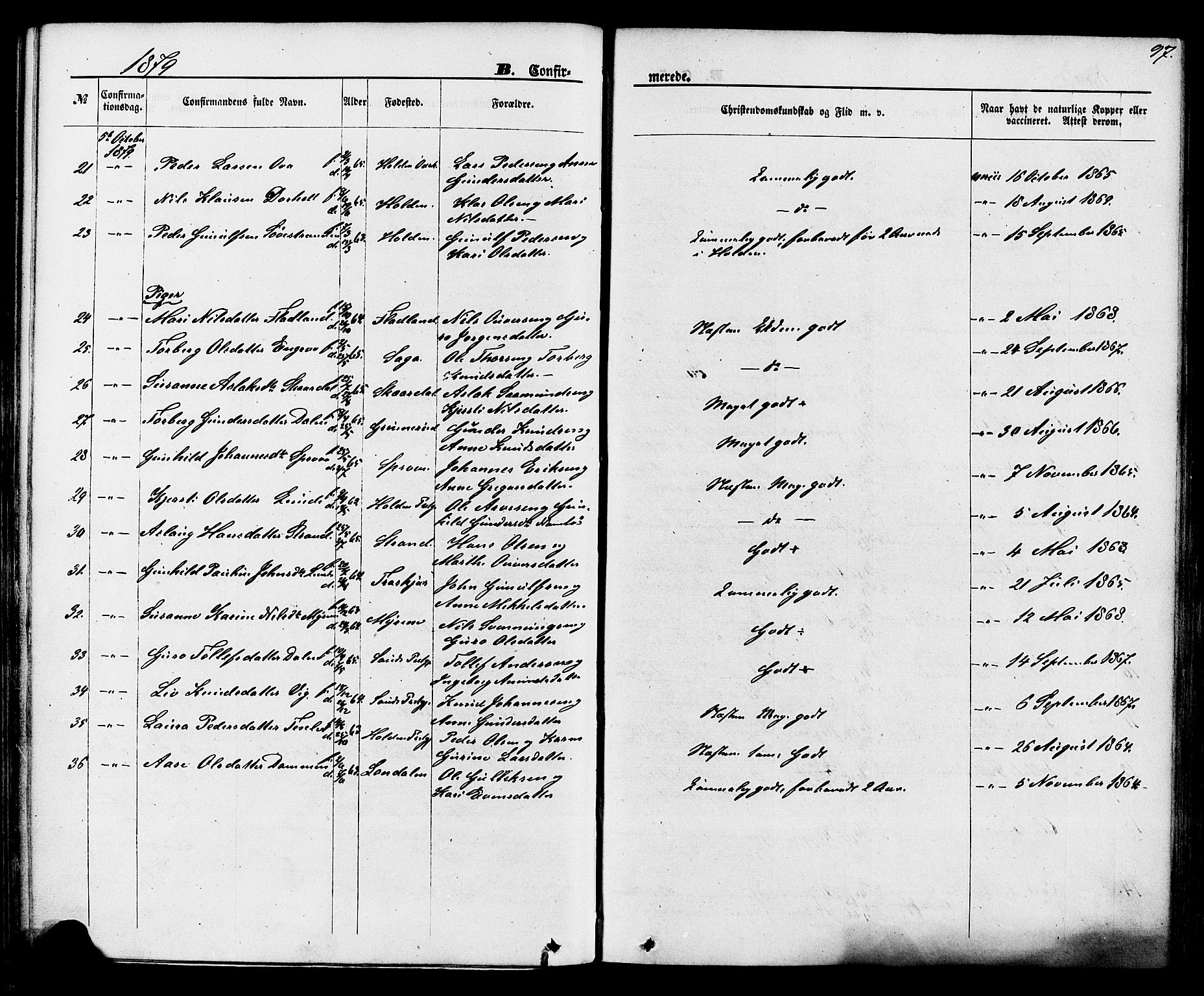 Lunde kirkebøker, SAKO/A-282/F/Fa/L0001: Parish register (official) no. I 1, 1866-1883, p. 97