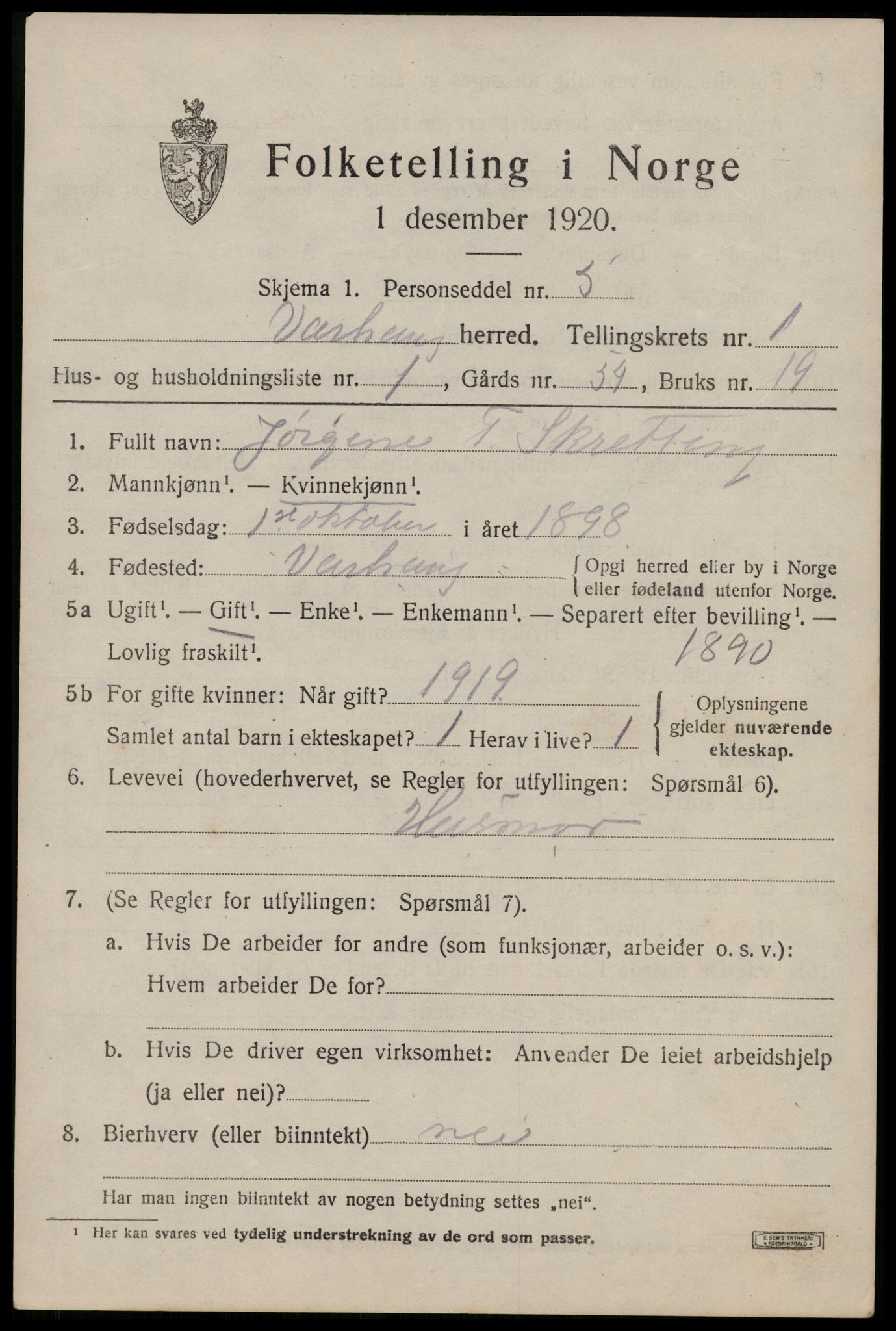 SAST, 1920 census for Varhaug, 1920, p. 811