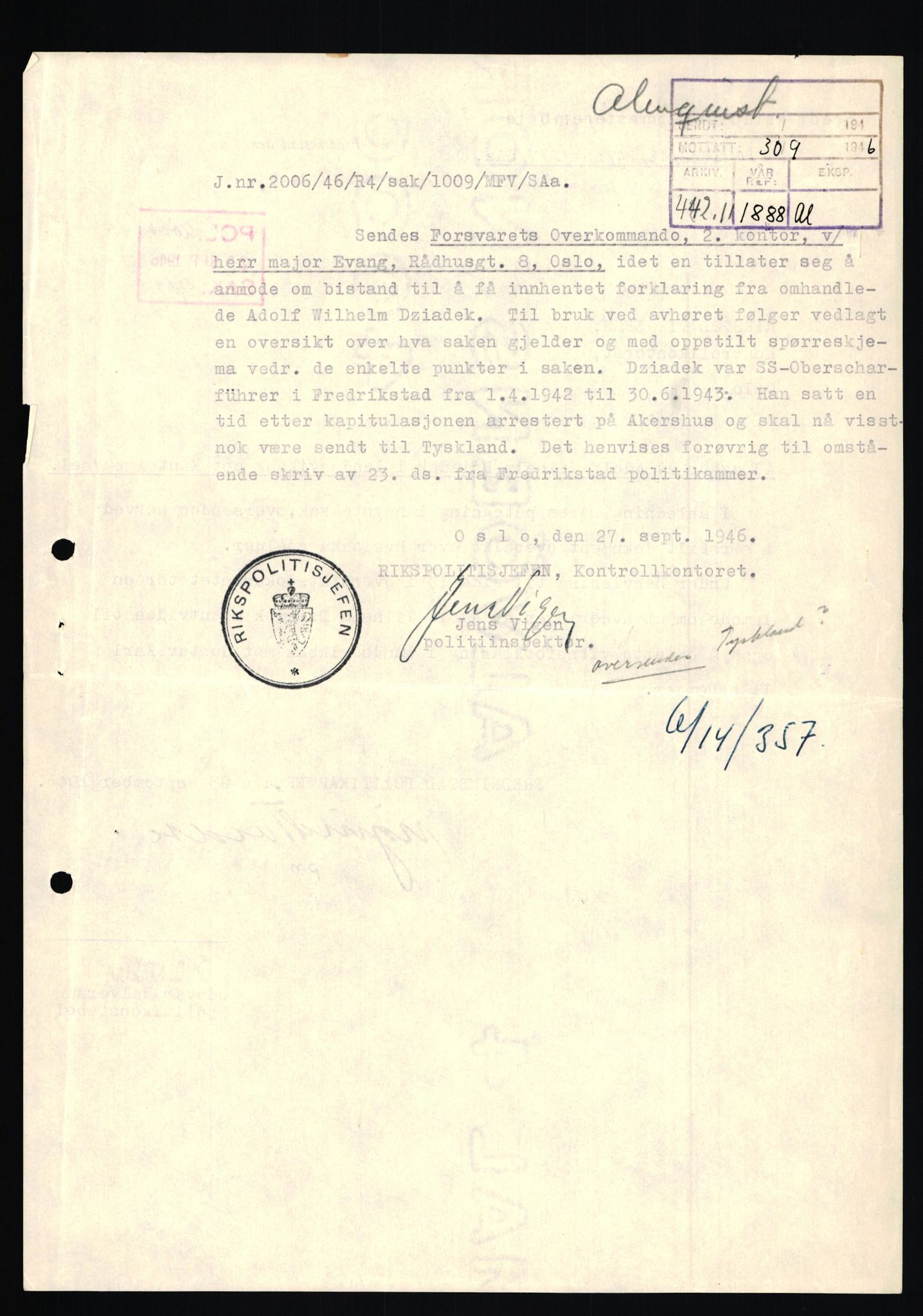 Forsvaret, Forsvarets overkommando II, AV/RA-RAFA-3915/D/Db/L0006: CI Questionaires. Tyske okkupasjonsstyrker i Norge. Tyskere., 1945-1946, p. 327