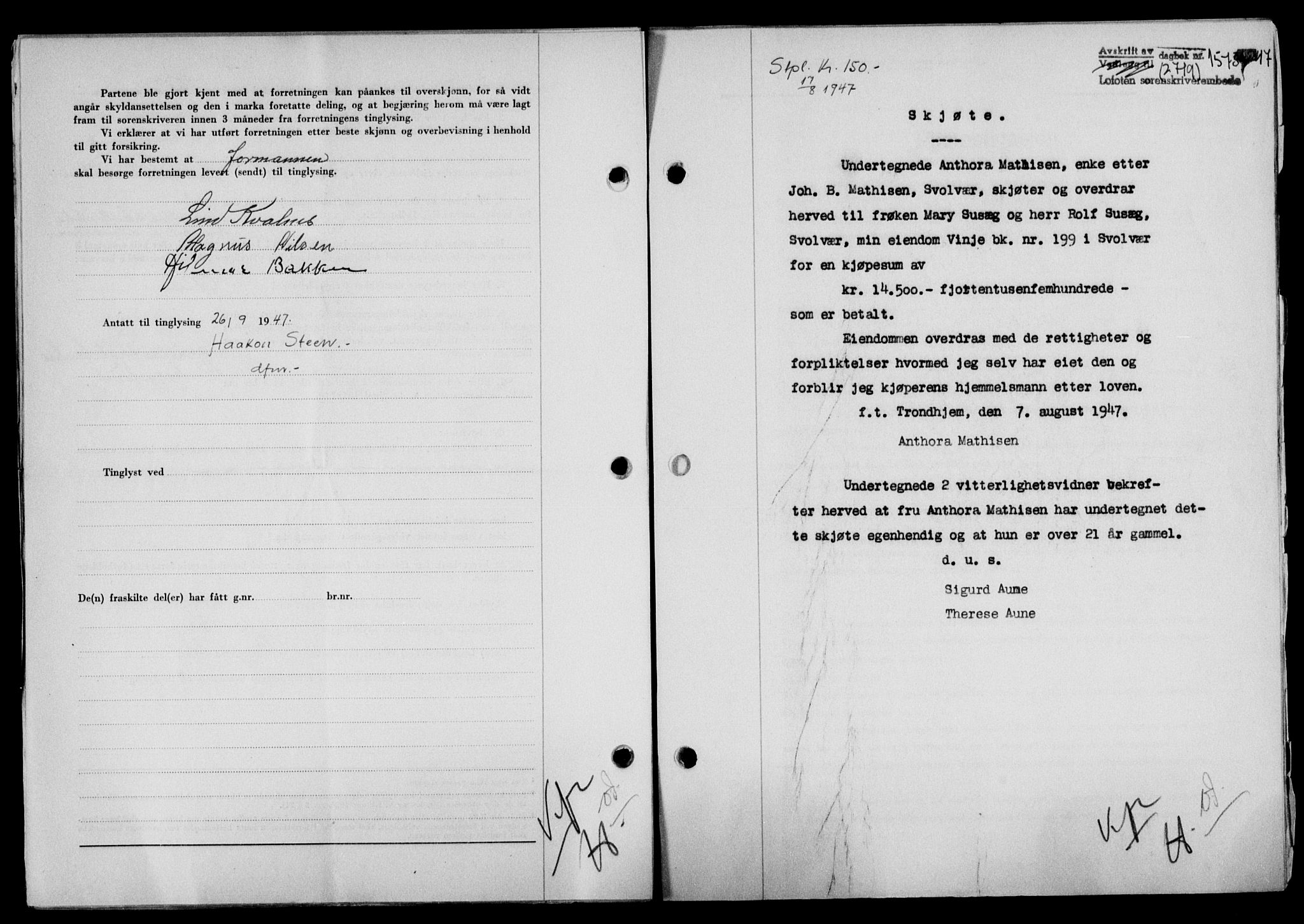 Lofoten sorenskriveri, SAT/A-0017/1/2/2C/L0016a: Mortgage book no. 16a, 1947-1947, Diary no: : 1573/1947