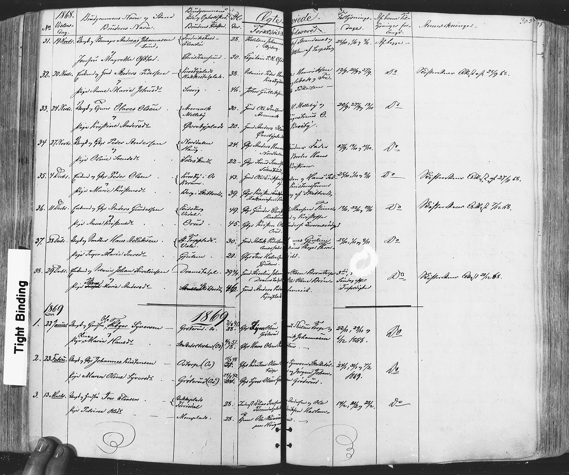 Rakkestad prestekontor Kirkebøker, SAO/A-2008/F/Fa/L0011: Parish register (official) no. I 11, 1862-1877, p. 303