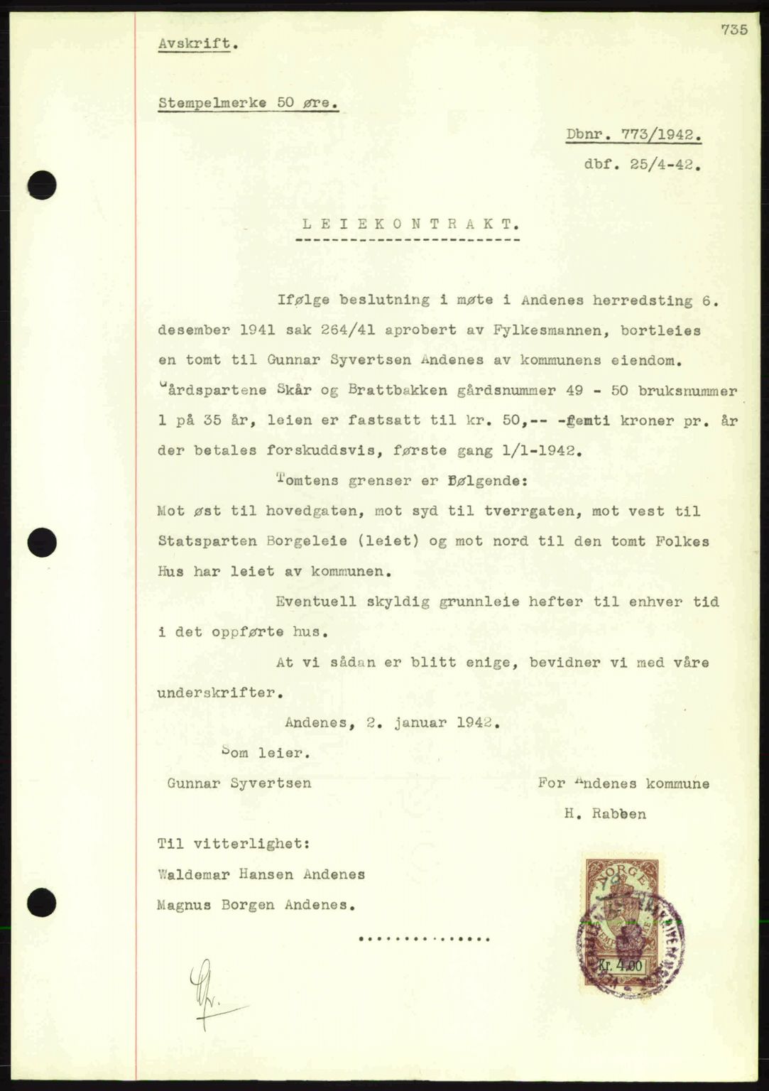 Vesterålen sorenskriveri, SAT/A-4180/1/2/2Ca: Mortgage book no. A12, 1941-1942, Diary no: : 773/1942