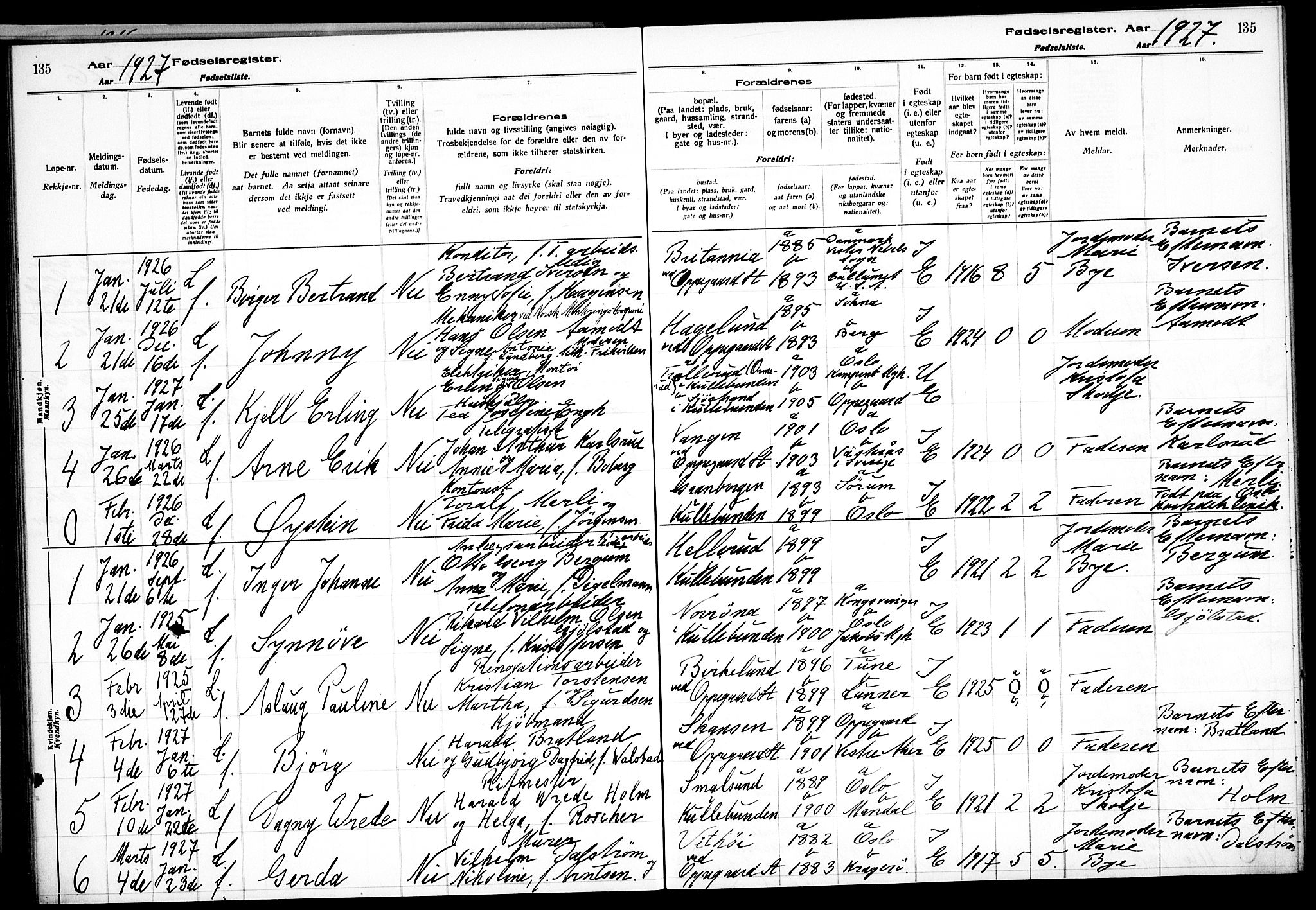 Nesodden prestekontor Kirkebøker, SAO/A-10013/J/Jb/L0001: Birth register no. II 1, 1916-1933, p. 135