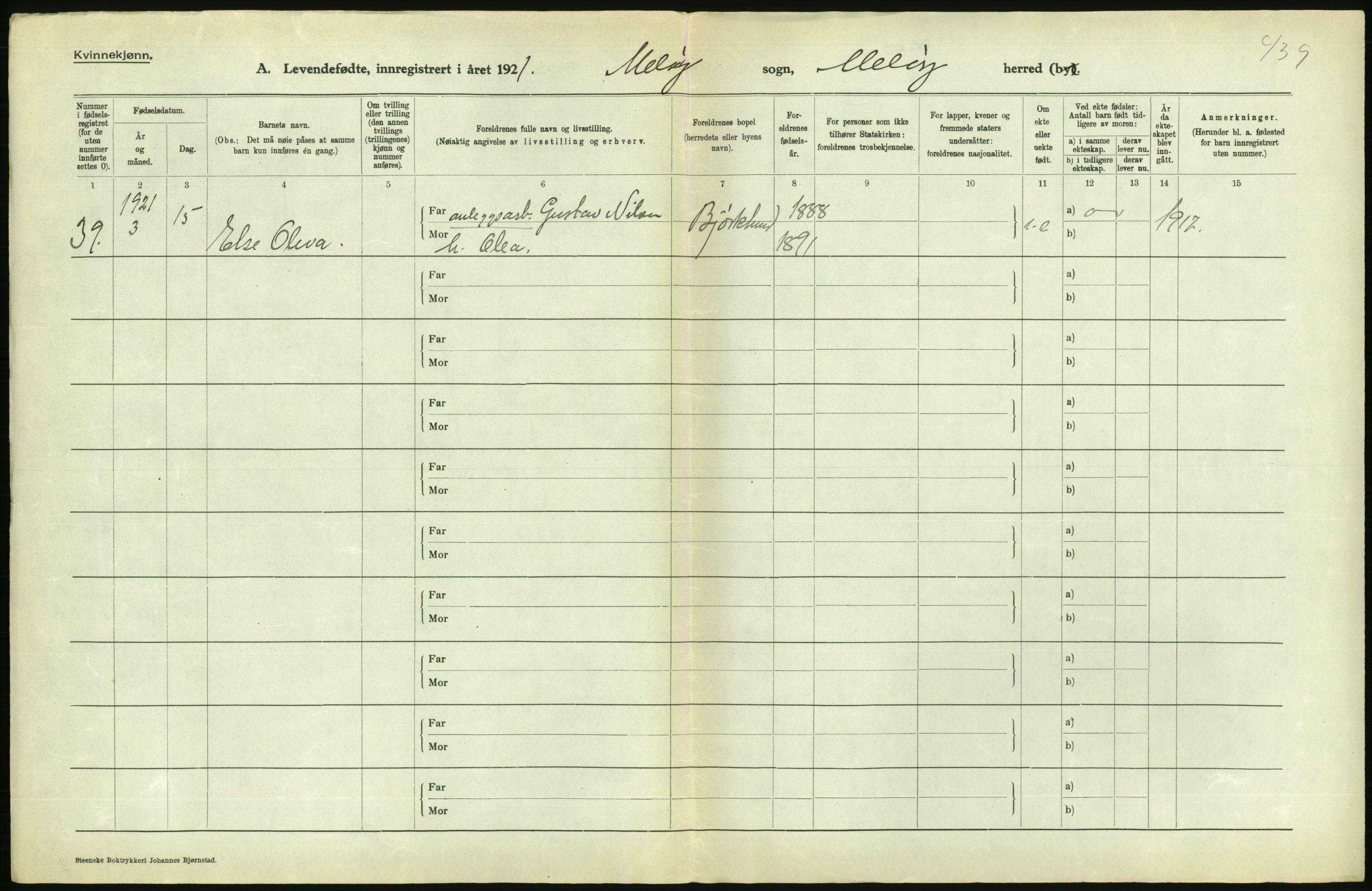 Statistisk sentralbyrå, Sosiodemografiske emner, Befolkning, AV/RA-S-2228/D/Df/Dfc/Dfca/L0049: Nordland fylke: Levendefødte menn og kvinner. Bygder., 1921, p. 152