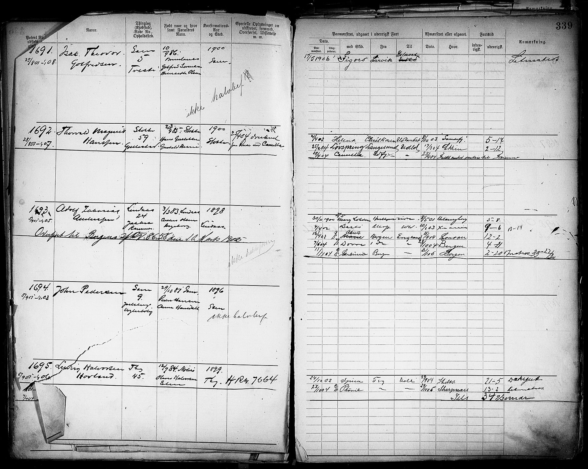 Tønsberg innrulleringskontor, AV/SAKO-A-786/F/Fb/L0004: Annotasjonsrulle Patent nr. 1-2400, 1892-1904, p. 306