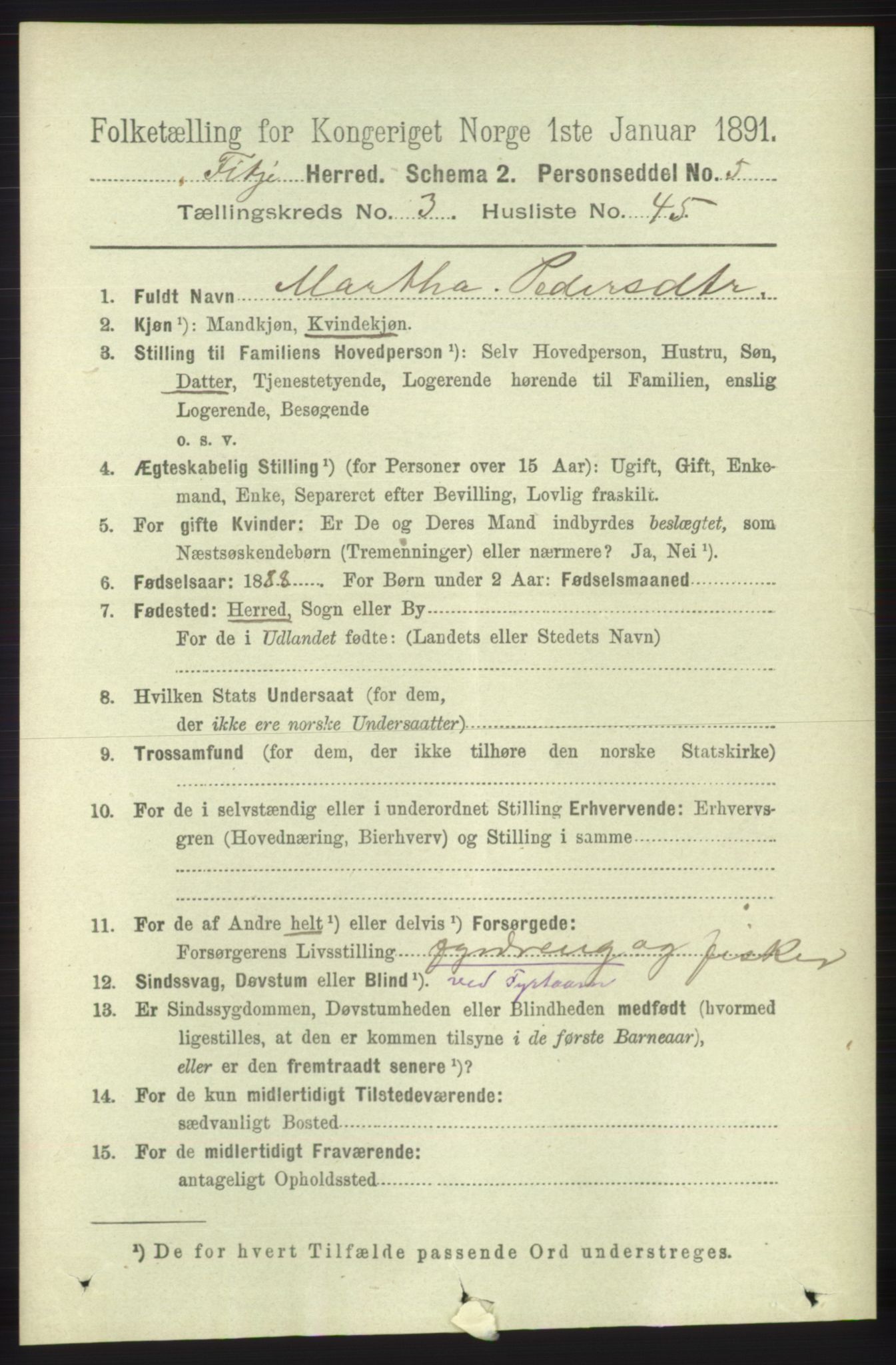 RA, 1891 census for 1222 Fitjar, 1891, p. 1285