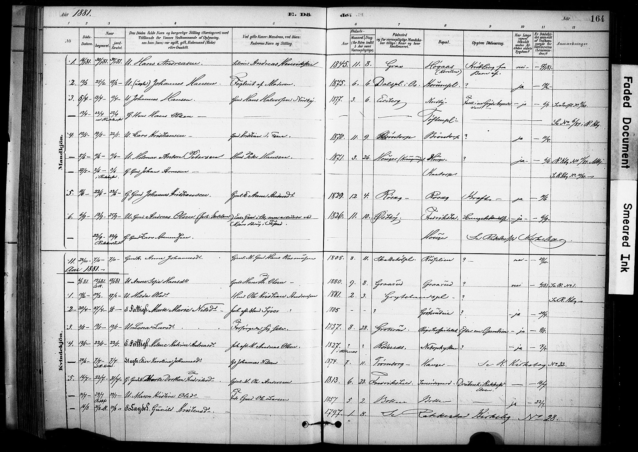 Rakkestad prestekontor Kirkebøker, AV/SAO-A-2008/F/Fc/L0001: Parish register (official) no. III 1, 1878-1905, p. 164