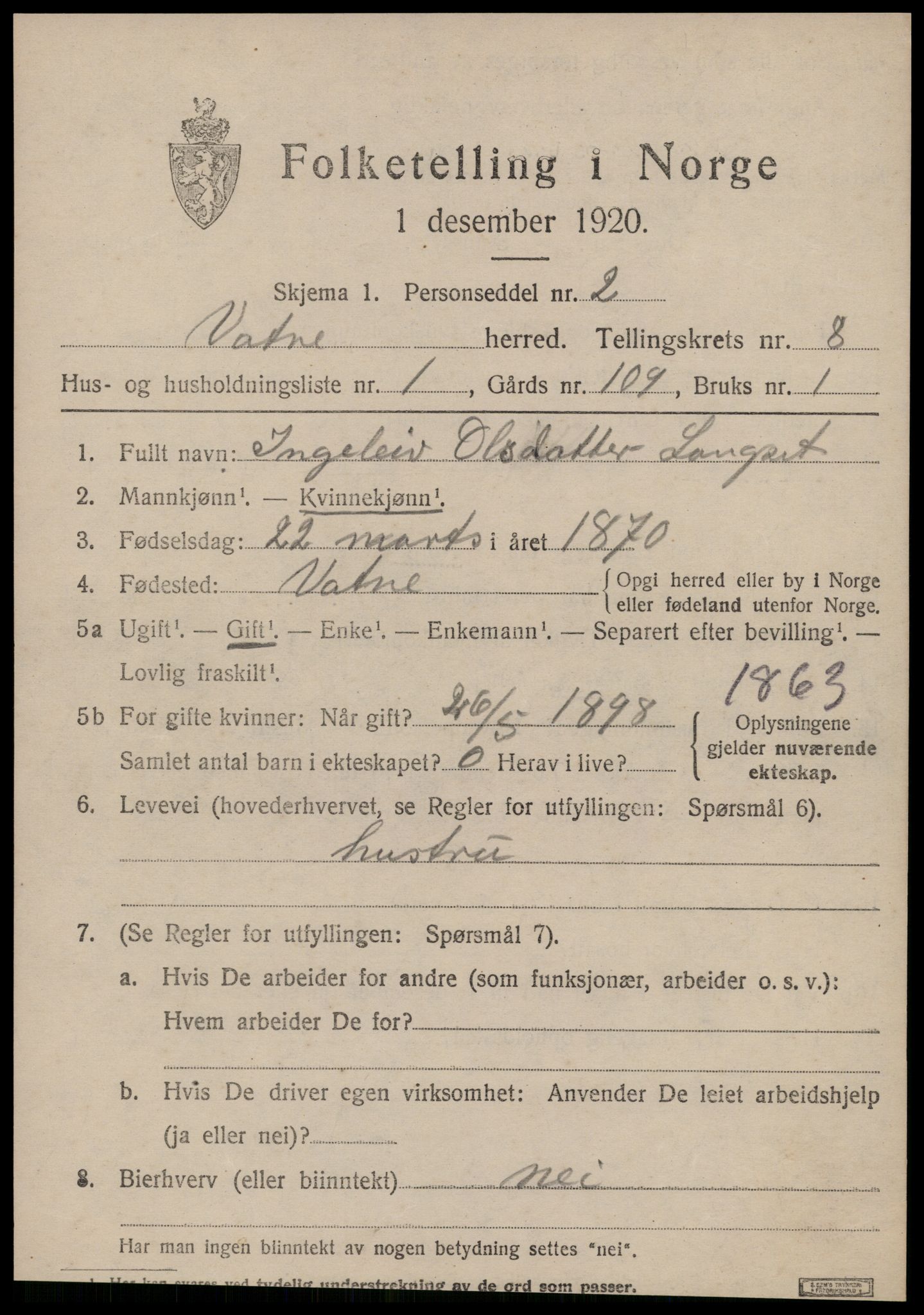 SAT, 1920 census for Vatne, 1920, p. 3336