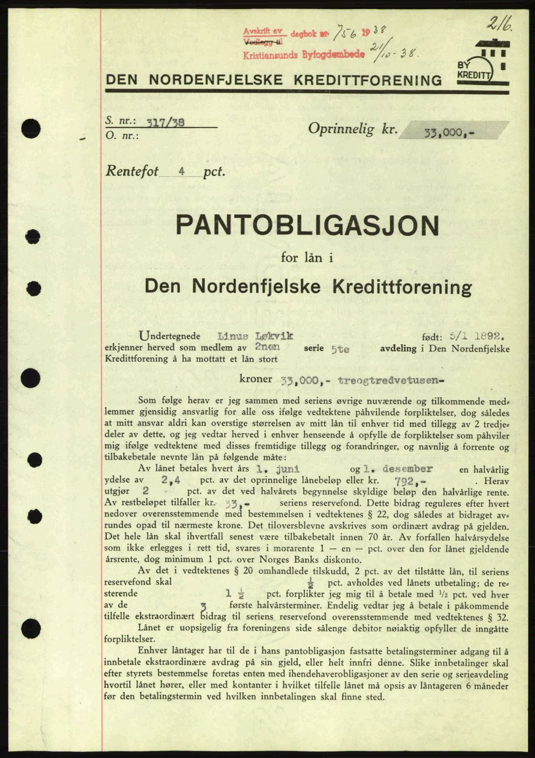 Kristiansund byfogd, AV/SAT-A-4587/A/27: Mortgage book no. 31, 1938-1939, Diary no: : 756/1938