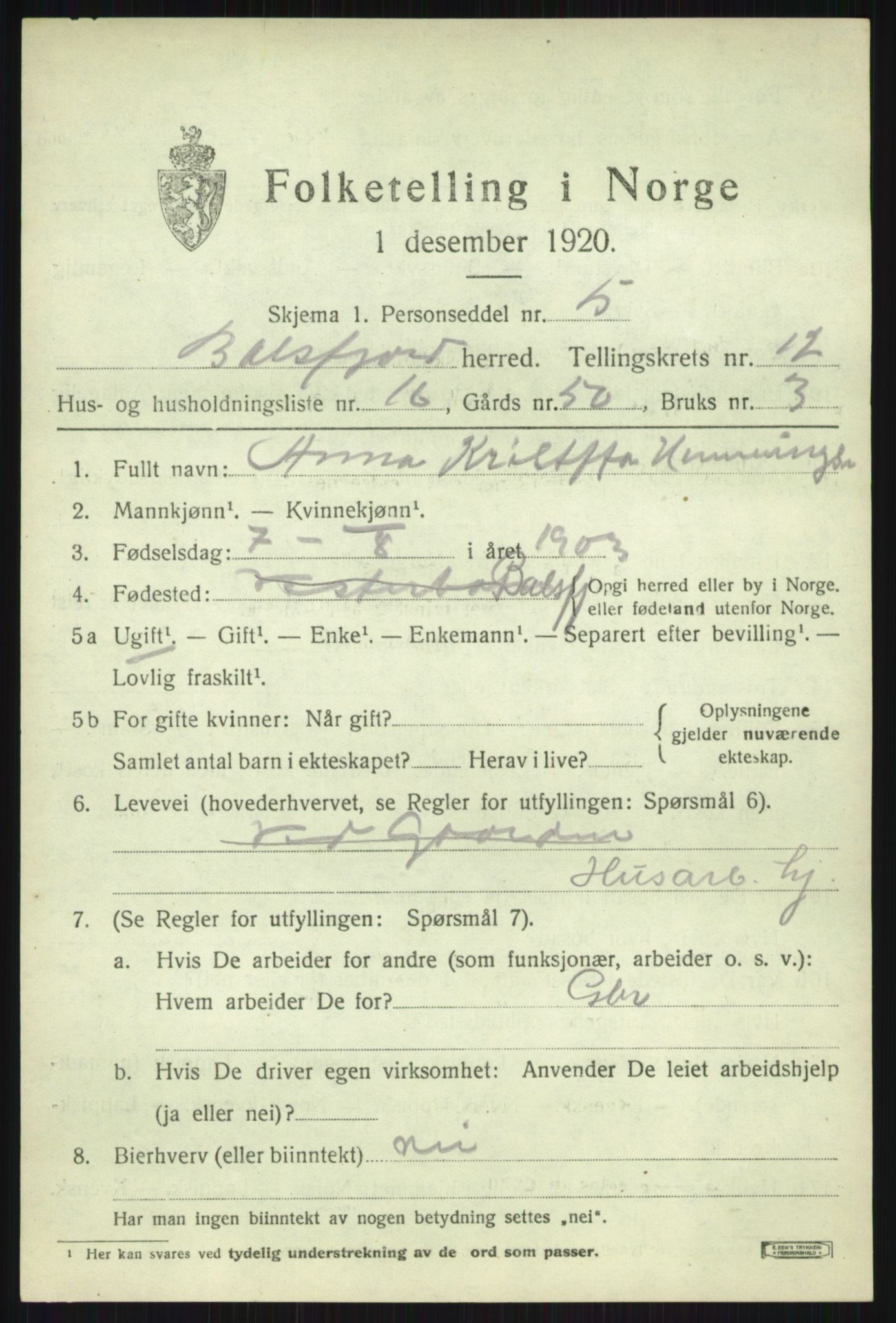 SATØ, 1920 census for Balsfjord, 1920, p. 7447