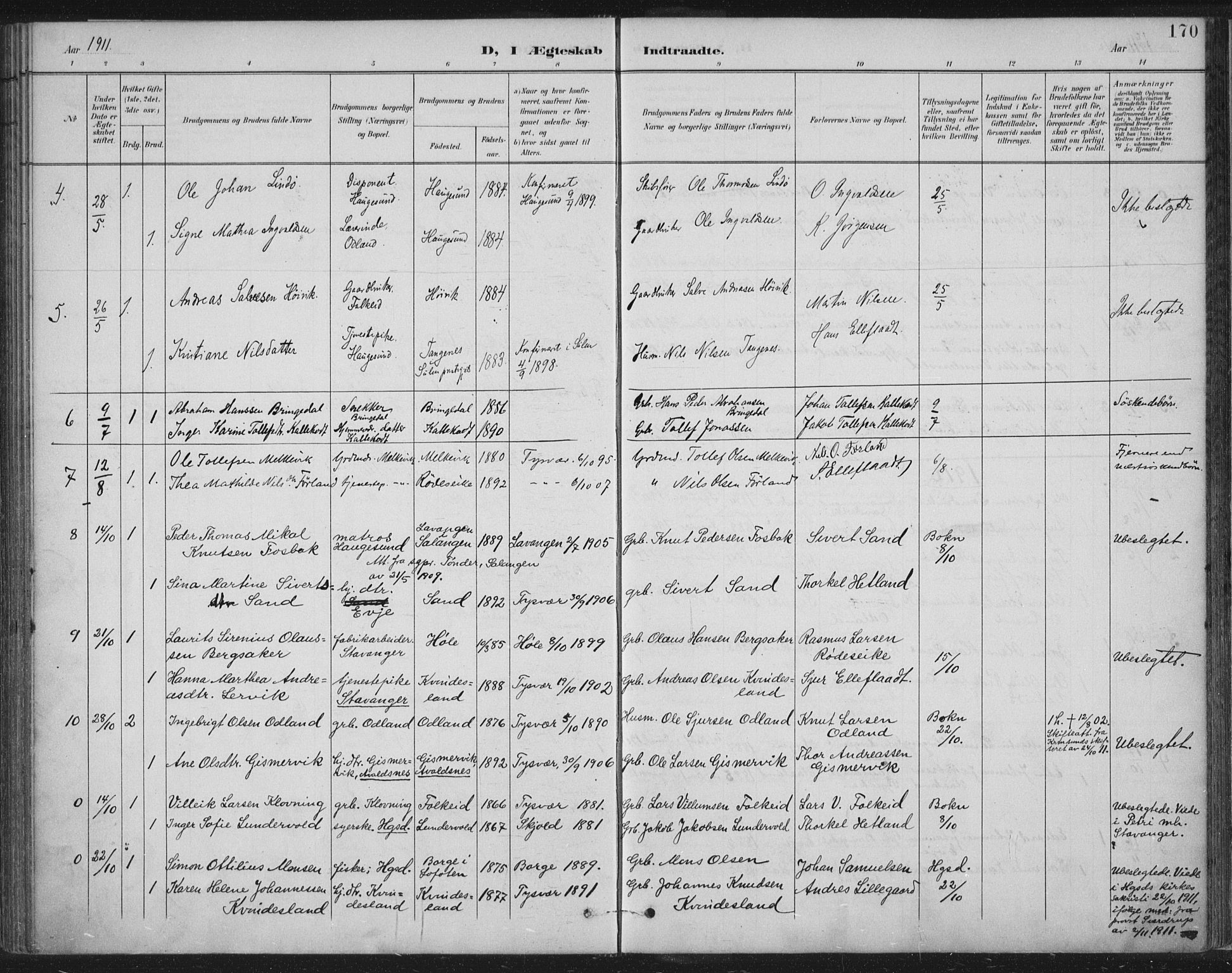 Tysvær sokneprestkontor, AV/SAST-A -101864/H/Ha/Haa/L0008: Parish register (official) no. A 8, 1897-1918, p. 170