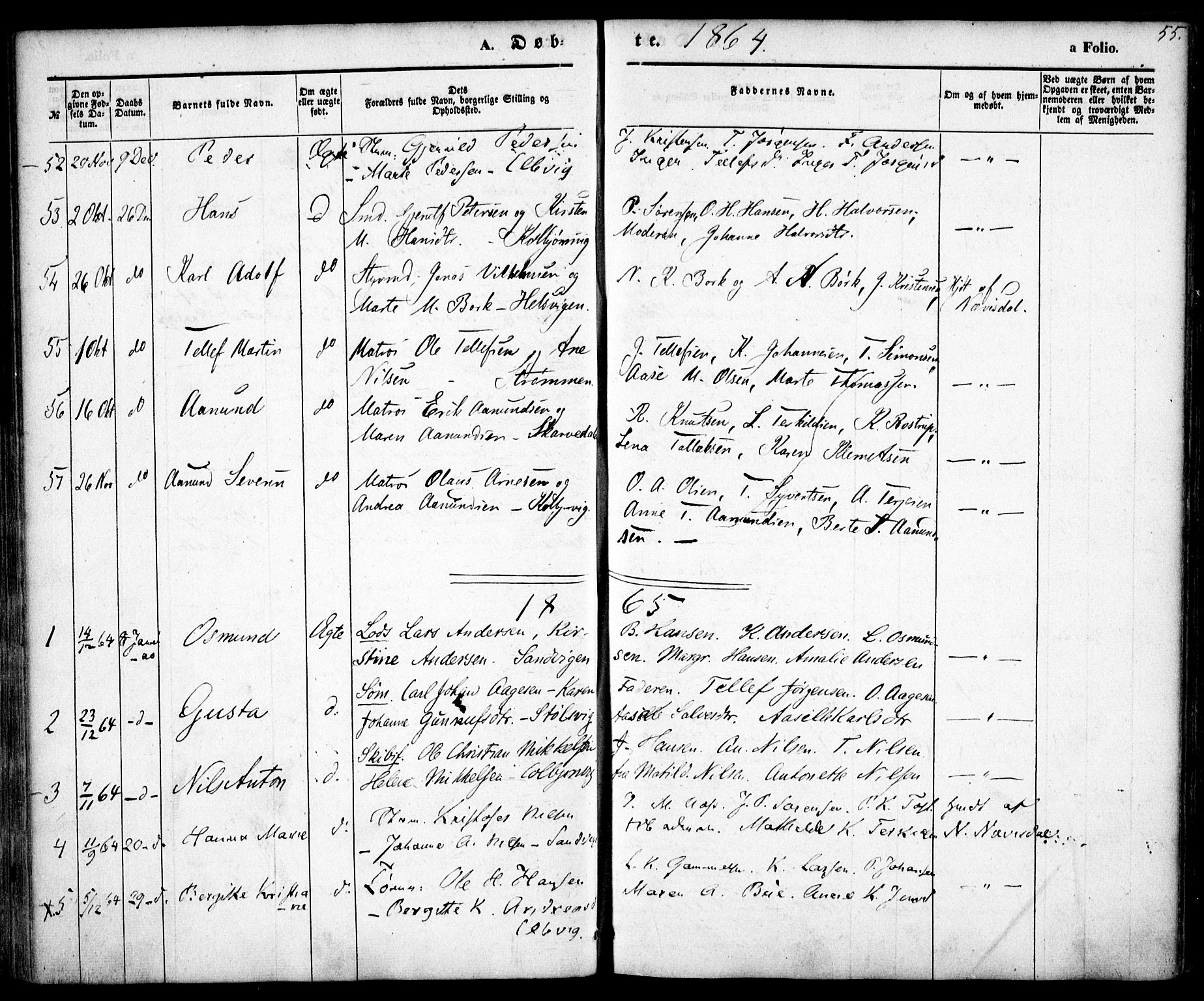 Hisøy sokneprestkontor, SAK/1111-0020/F/Fa/L0001: Parish register (official) no. A 1, 1849-1871, p. 55