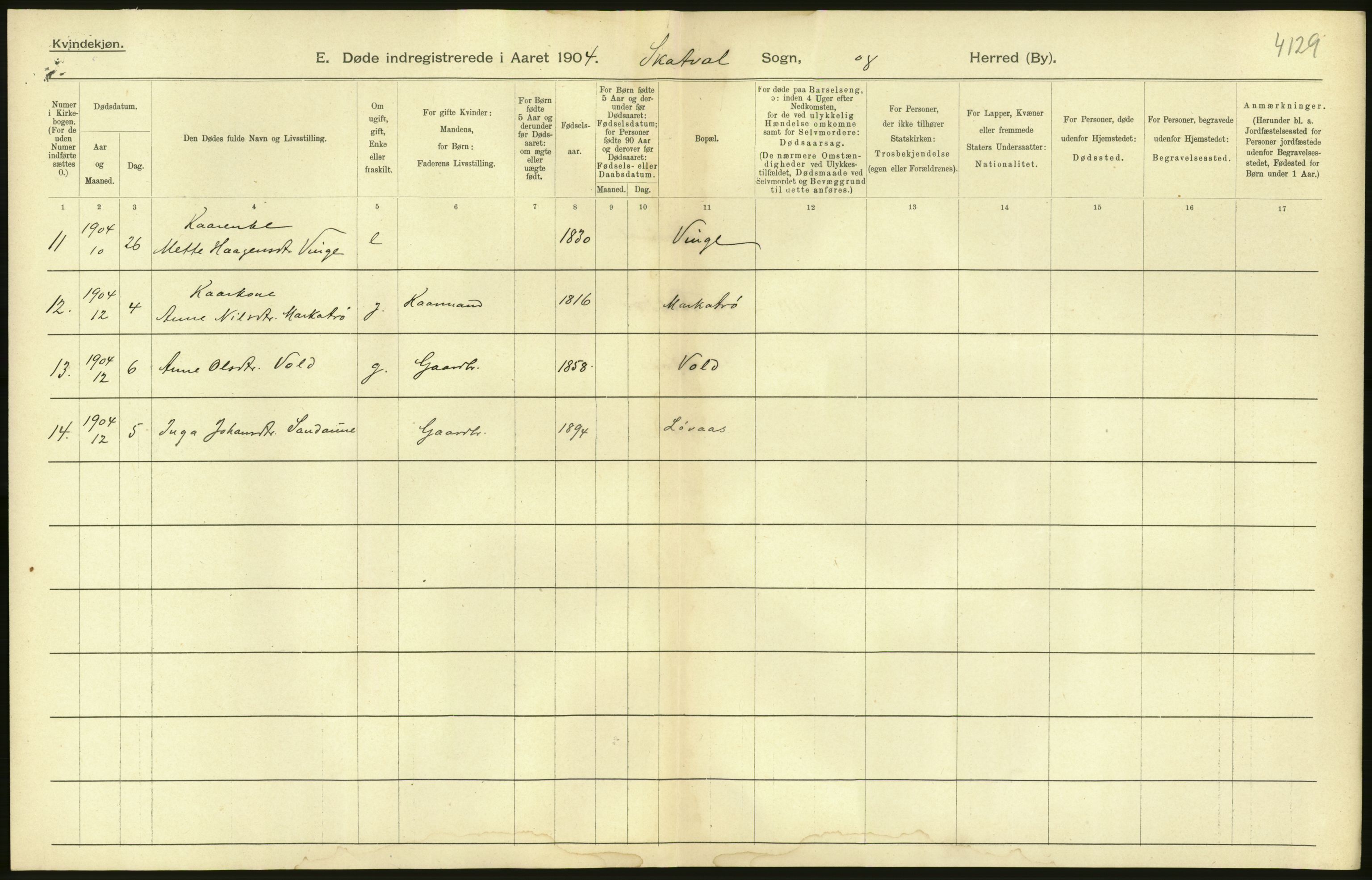 Statistisk sentralbyrå, Sosiodemografiske emner, Befolkning, AV/RA-S-2228/D/Df/Dfa/Dfab/L0019: Nordre Trondhjems amt: Fødte, gifte, døde, 1904, p. 458