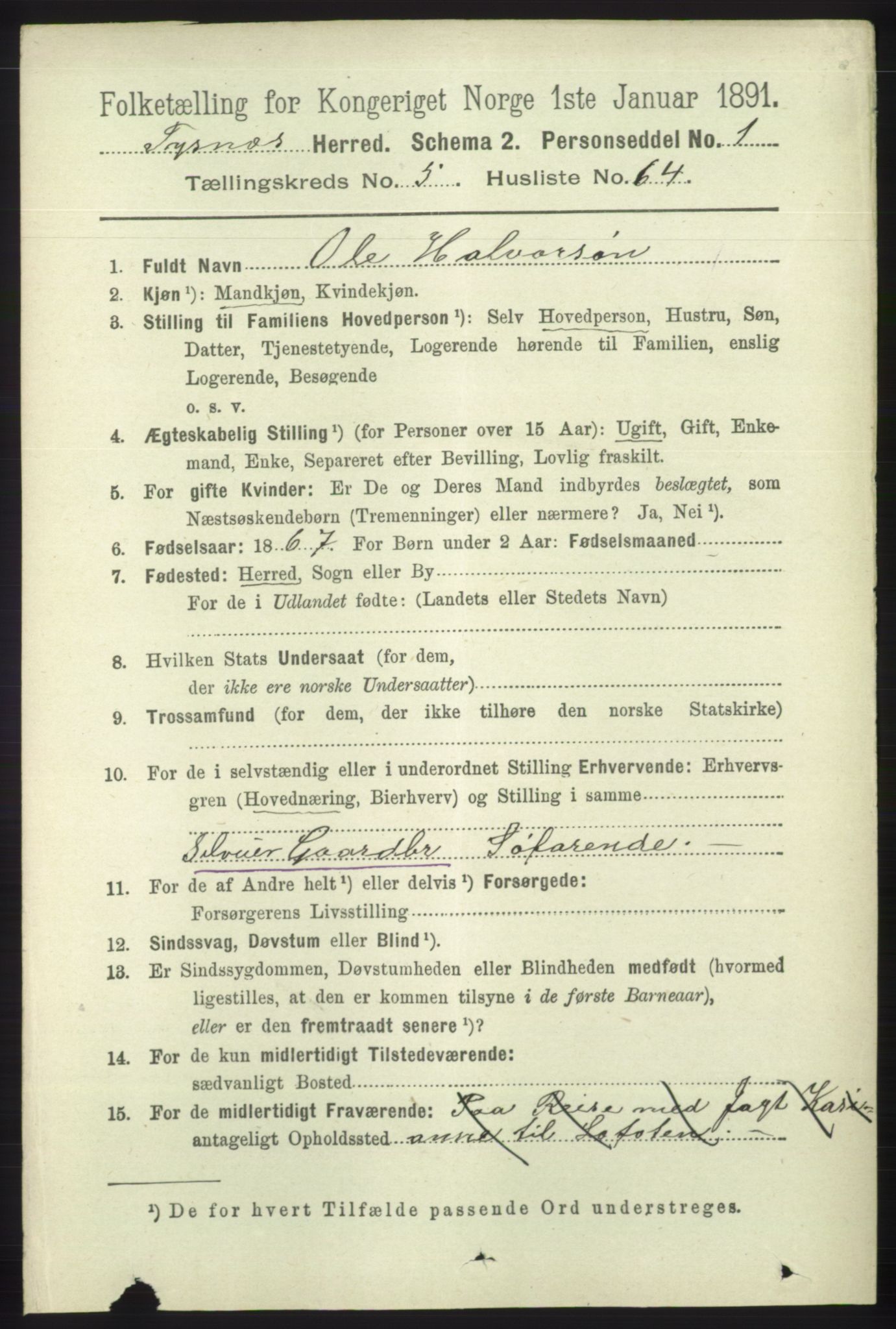 RA, 1891 census for 1223 Tysnes, 1891, p. 2296