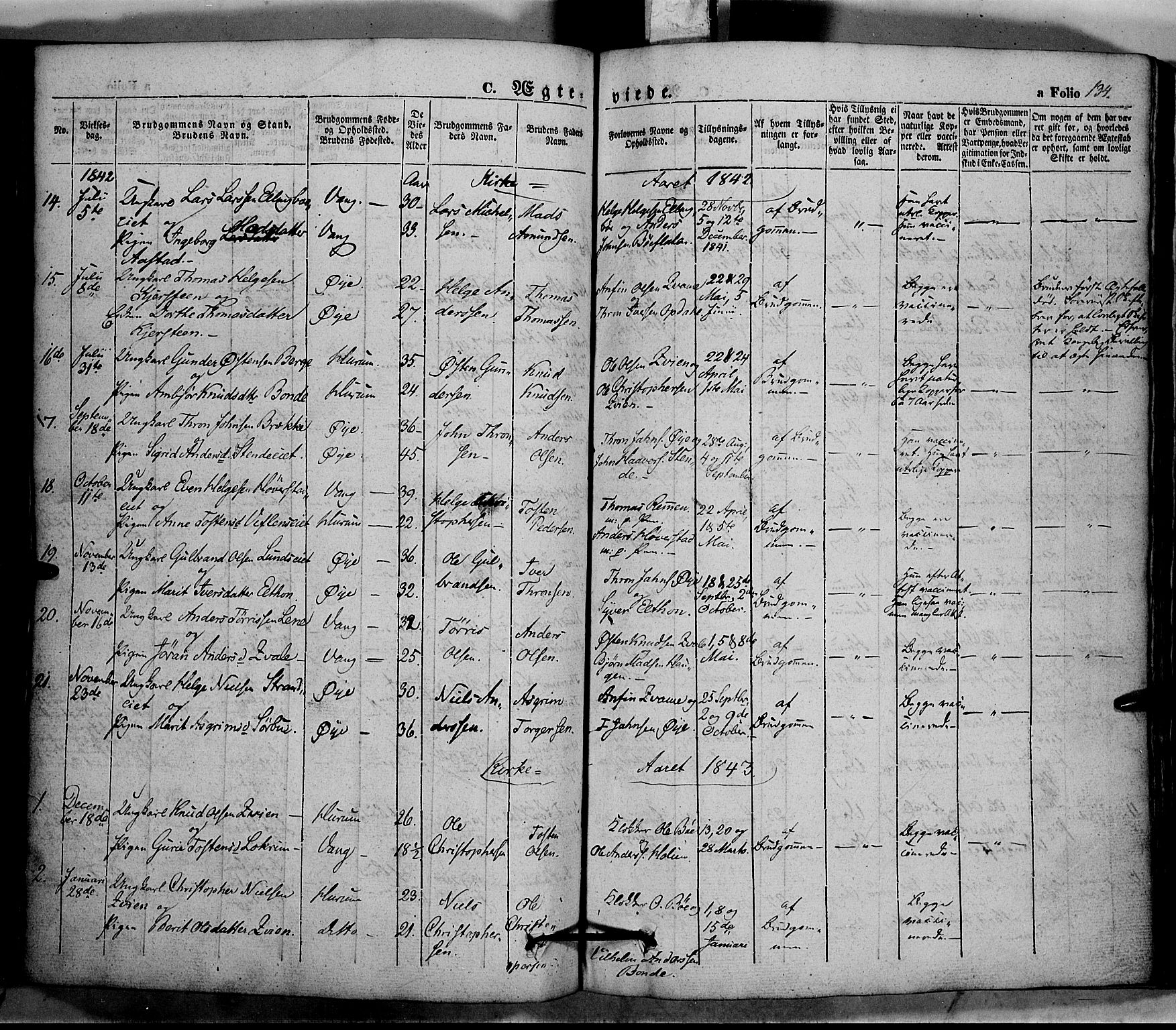 Vang prestekontor, Valdres, SAH/PREST-140/H/Ha/L0005: Parish register (official) no. 5, 1831-1845, p. 134