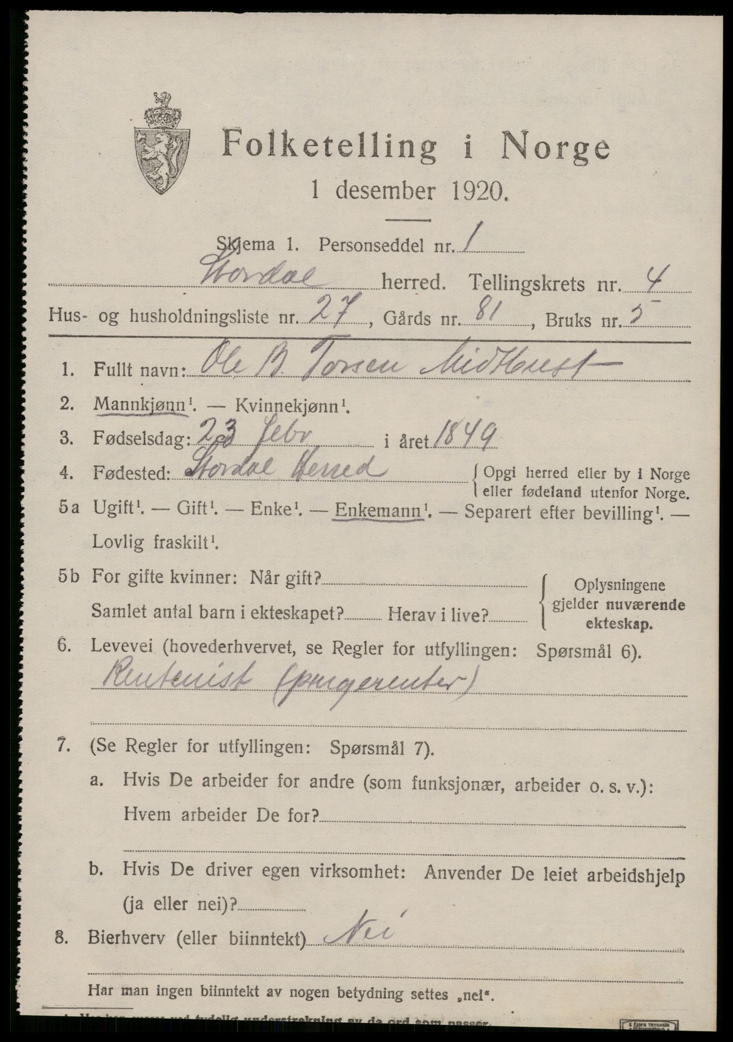 SAT, 1920 census for Stordal, 1920, p. 1532