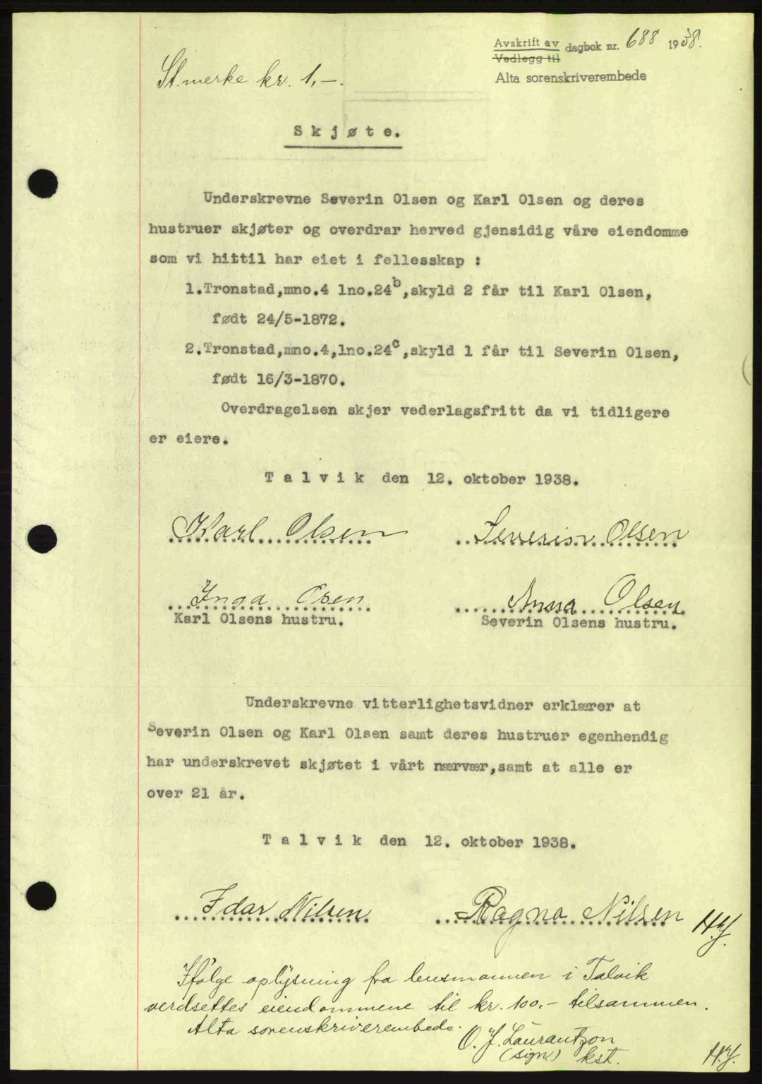 Alta fogderi/sorenskriveri, SATØ/SATØ-5/1/K/Kd/L0031pantebok: Mortgage book no. 31, 1938-1939, Diary no: : 688/1938