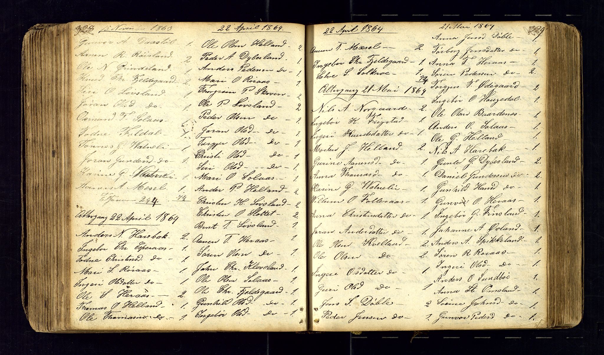 Bjelland sokneprestkontor, SAK/1111-0005/F/Fc/Fcb/L0001: Communicants register no. C-1, 1827-1906, p. 328-329