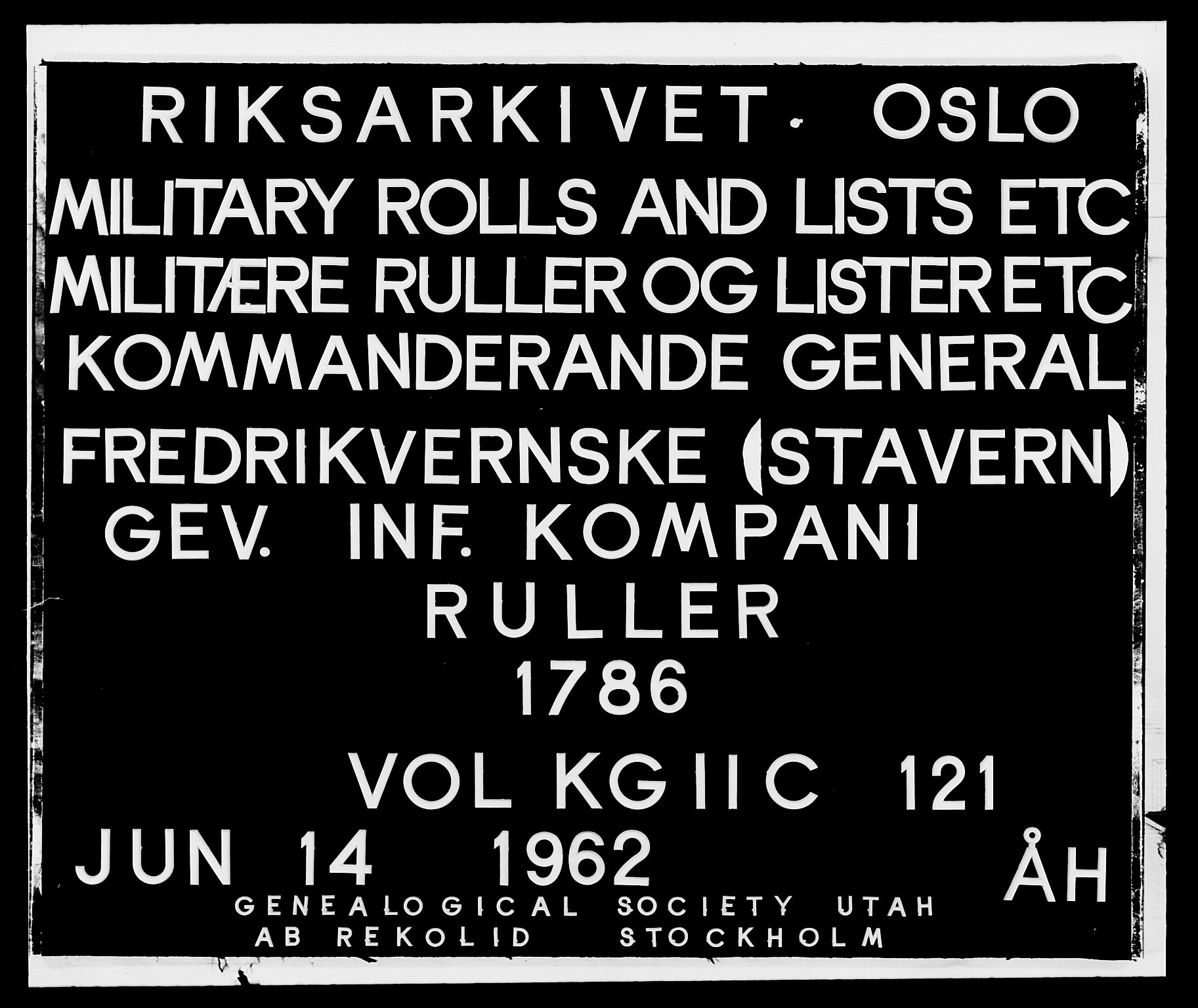 Generalitets- og kommissariatskollegiet, Det kongelige norske kommissariatskollegium, AV/RA-EA-5420/E/Eh/L0121: Fredriksvernske infanterikompani, 1786, p. 1